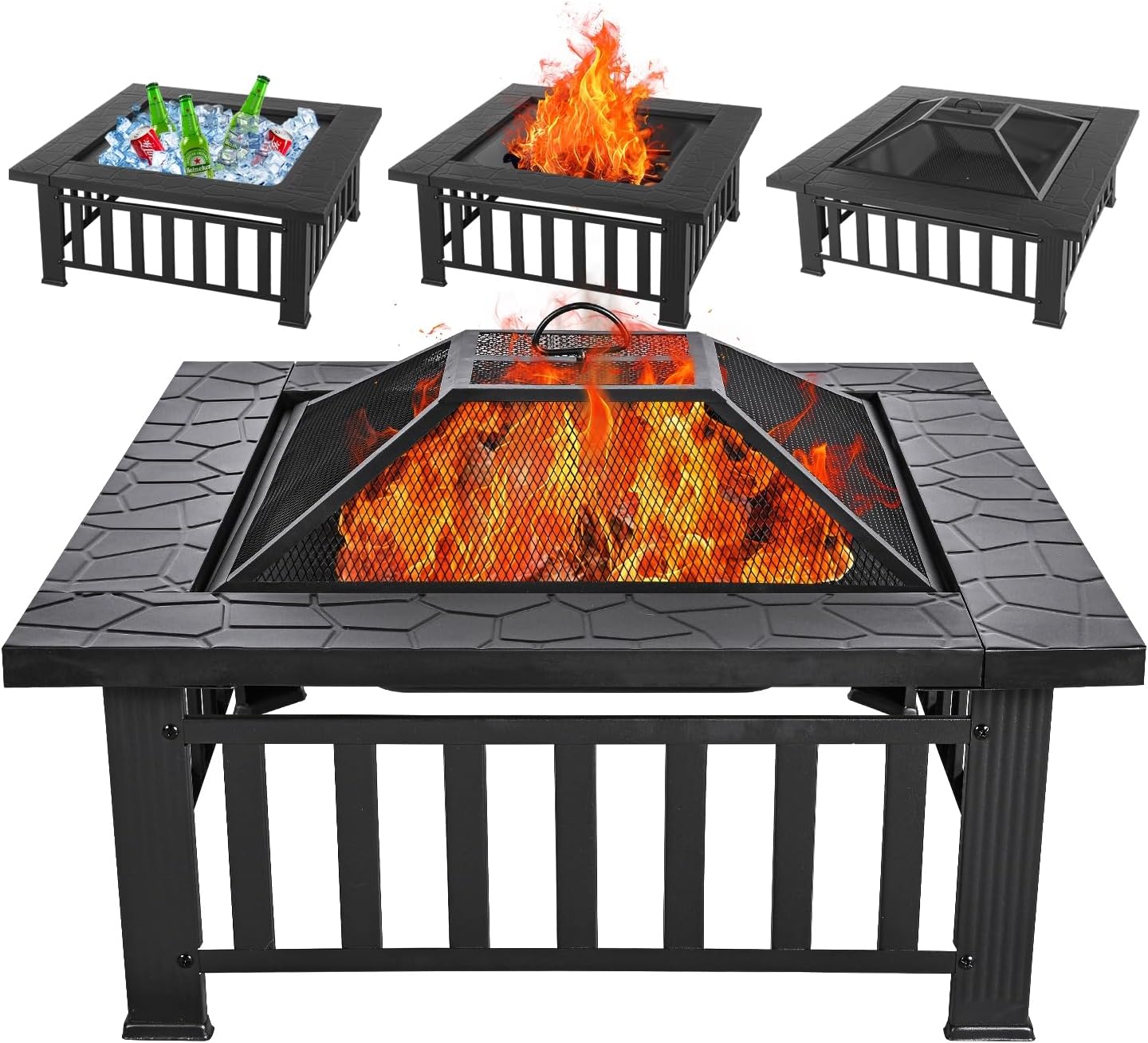 Panovue Multifunctional Fire Pit Table 32 inch Square Metal Firepit Stove Backyard Patio Garden Fireplace for Camping, Outdoor Heating, Bonfire and Picnic