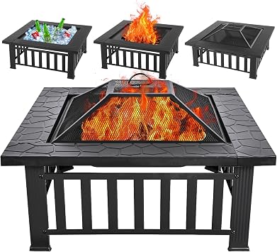 Panovue Multifunctional Fire Pit Table 36 inch Square Metal Firepit Stove Backyard Patio Garden Fireplace for Camping, Outdoor Heating, Bonfire and Picnic