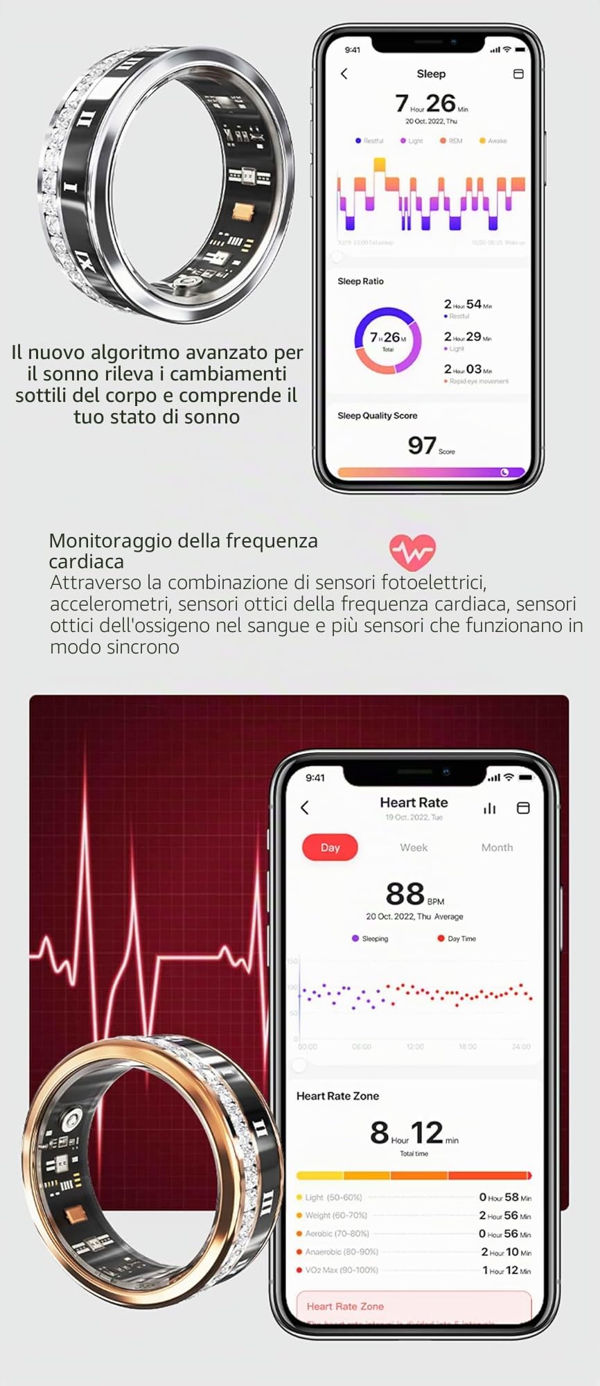 Anello intelligente per la salute IP68, fitness tracker con monitoraggio del sonno, frequenza cardiaca, pressione sanguigna, ossigeno, contapassi