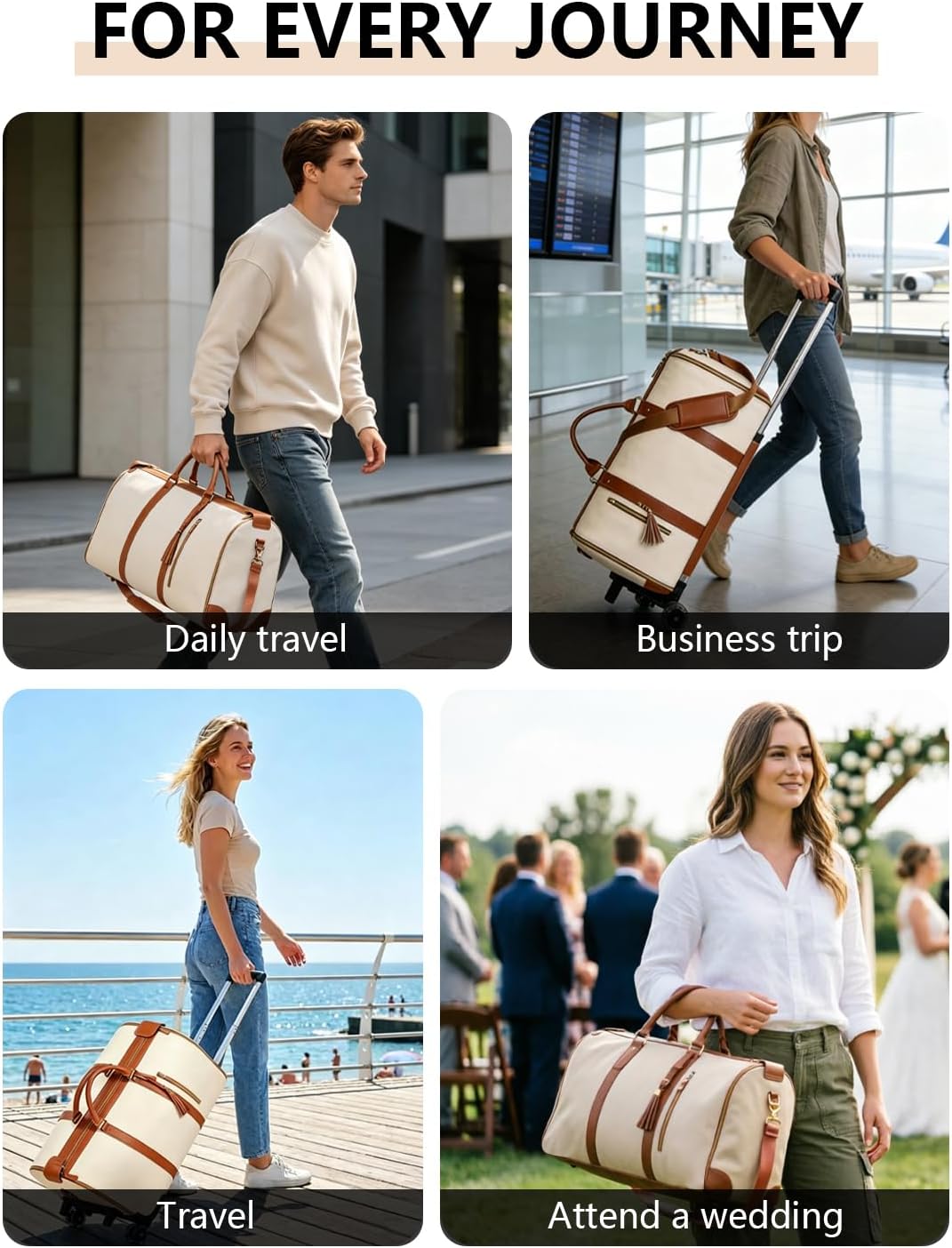 3 in 1 Convertible Garment Duffle Bags for Travel 45L Smooth Zipper Rolling Duffle Bag With Wheels Waterproof Carry On Duffle Bag for Men&Women with Weekends Weddings Business Short Trips Beige