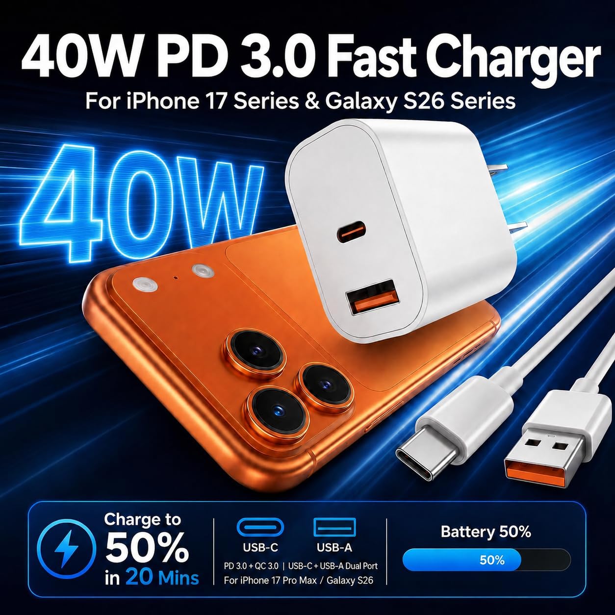 Caricabatterie a doppia porta da 40 W con cavi da 1,8 m e 3,5 m per iPhone