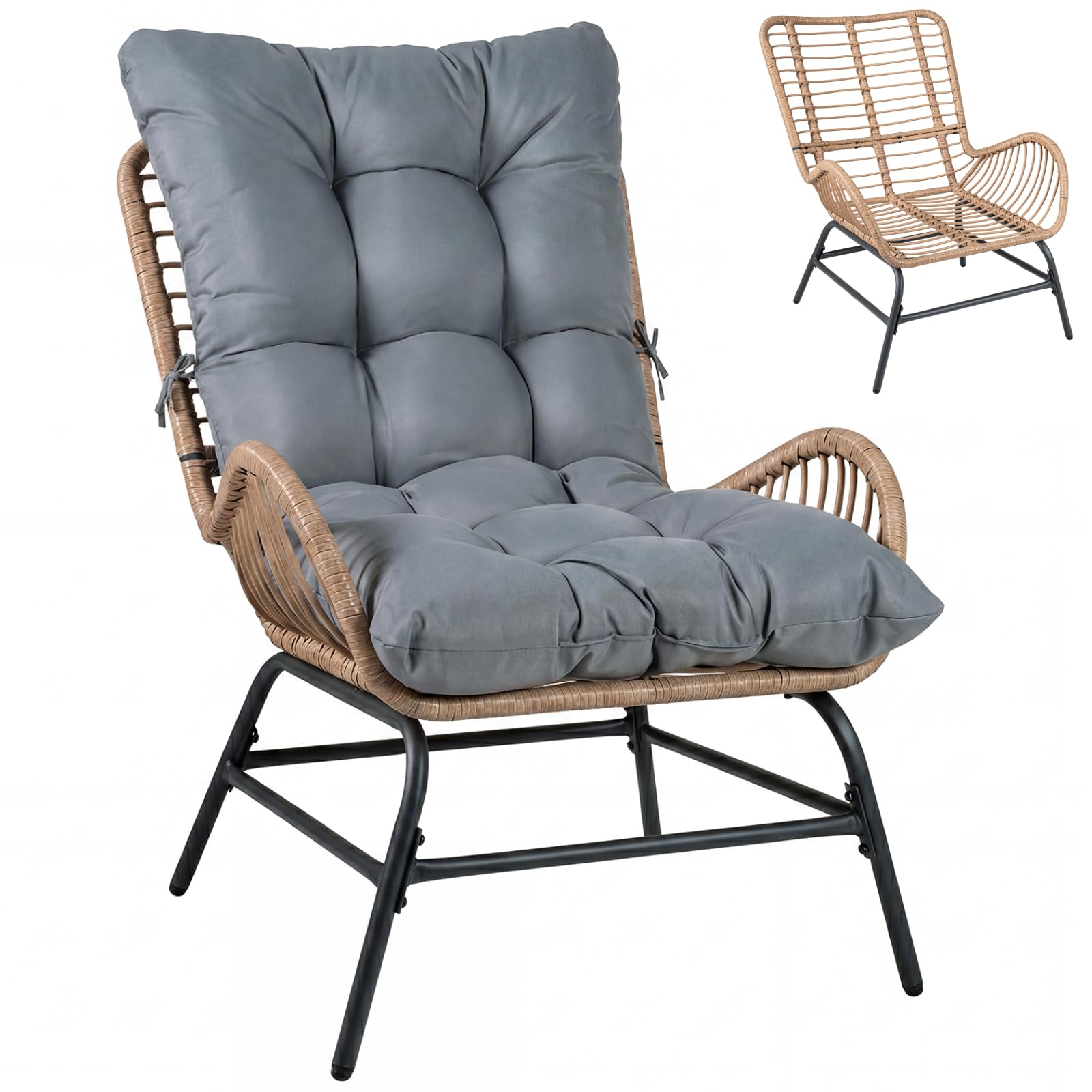 SFAREST Patio Rattan Chair, Outdoor High Back Leisure Armchair with Cushions, Metal Frame Large Garden Dining Chair Wicker Lounge Chairs for Backyard Porch (Grey, 68 x 84 x 87 cm)