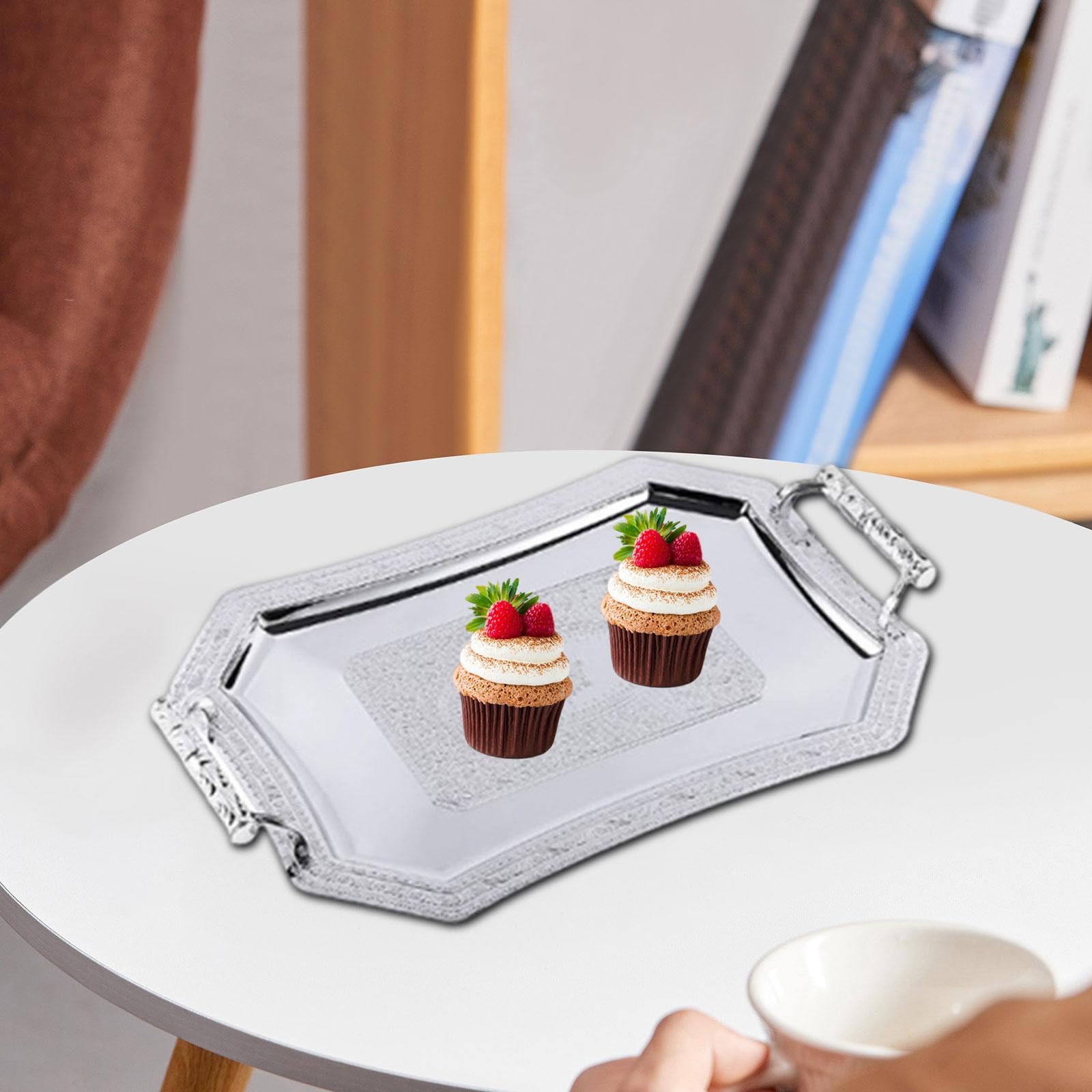 Bandeja de servicio multifuncional plateada elegante para cenas, bodas y eventos, bandeja de té perfecta para el hogar y entretenimiento