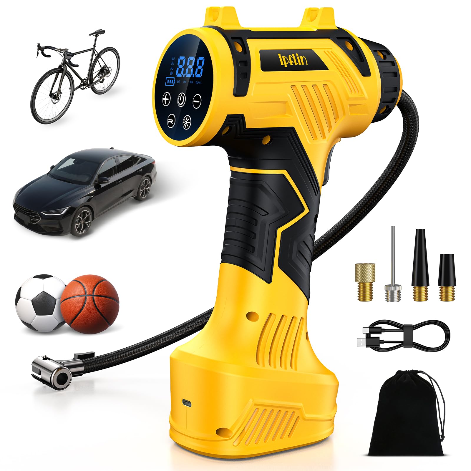 Compressore Aria Portatile – 150PSI 22L/Min Mini Compressore Portatile | Compressore Auto 12V Gonfiatore Elettrico con Spegnimento Automatico, Display LCD, LED, per Auto, Bici, Moto, Palloni