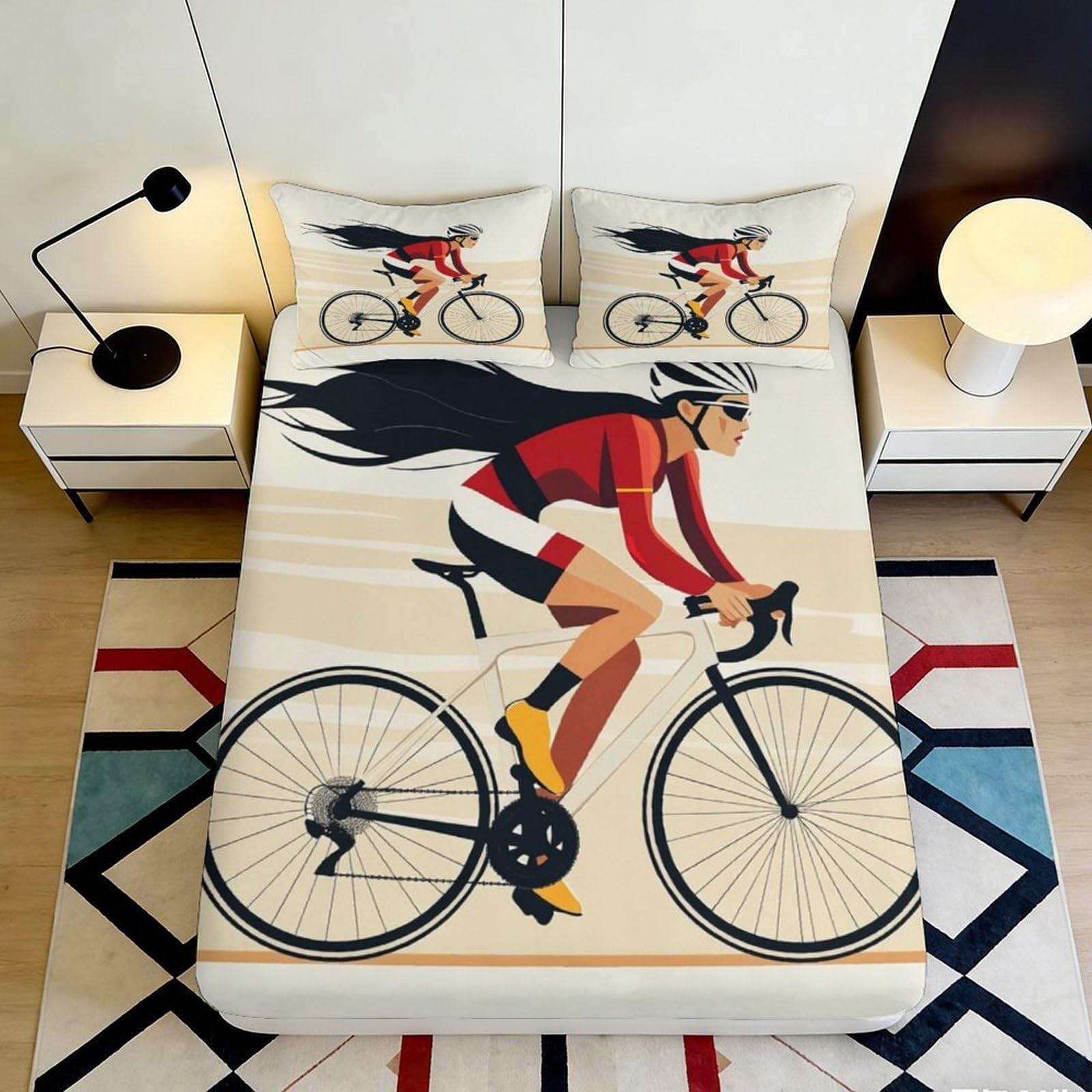 3D Printed Cycling Woman Fitted Sheet Microfiber Soft Breathable Bike Rider Mattress Cover for Bedroom Dormitory Guest Room Mattress Protection Decor 90x200x25cm