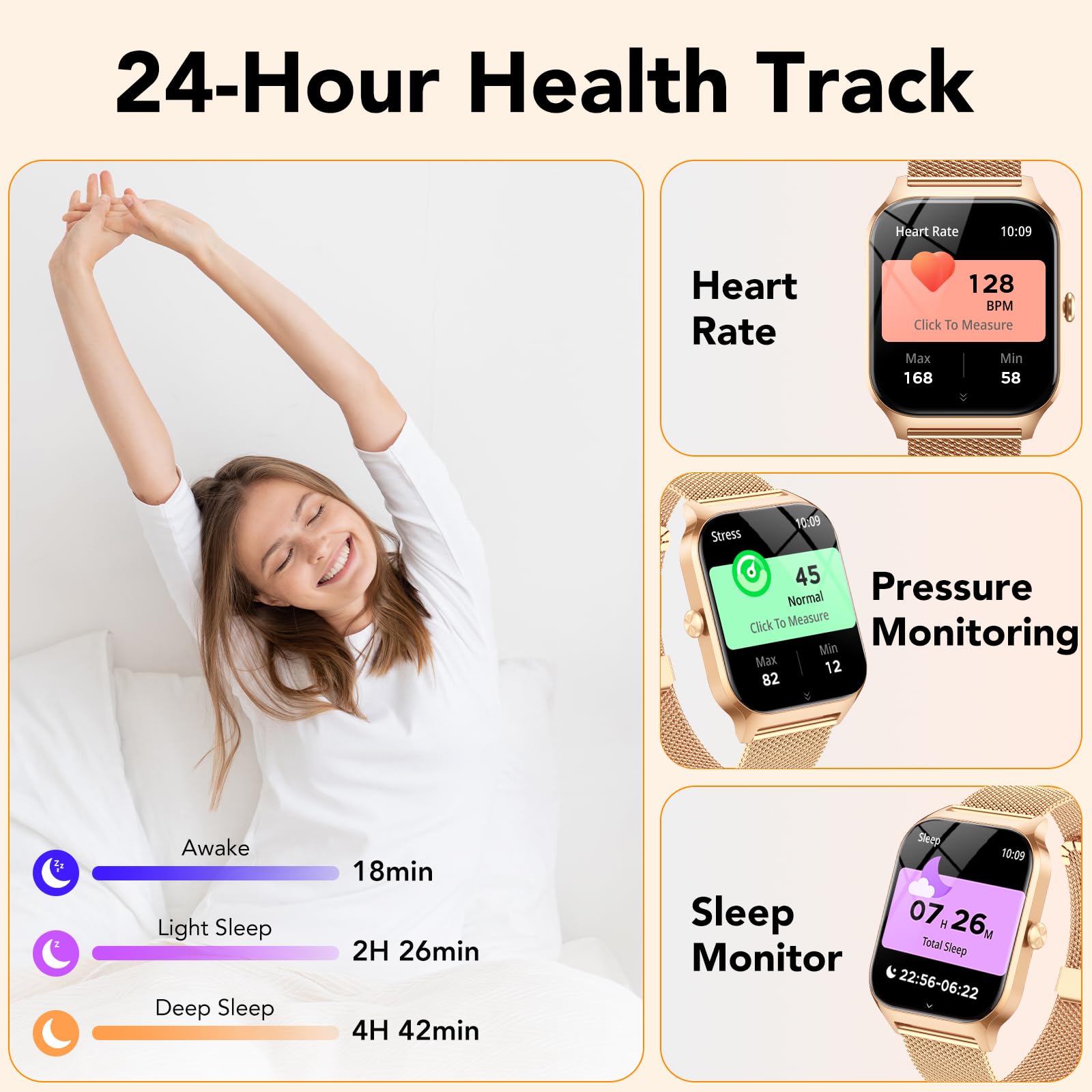 CASCHO Smart Watches for Women (Android/iOS), 1.85" HD Smart Watch with Calls/Messages/AI Voice Control, Sleep/Heart Rate, 120+ Sports Modes Fitness Tracker Watch, Gold & Pink Dual Strap