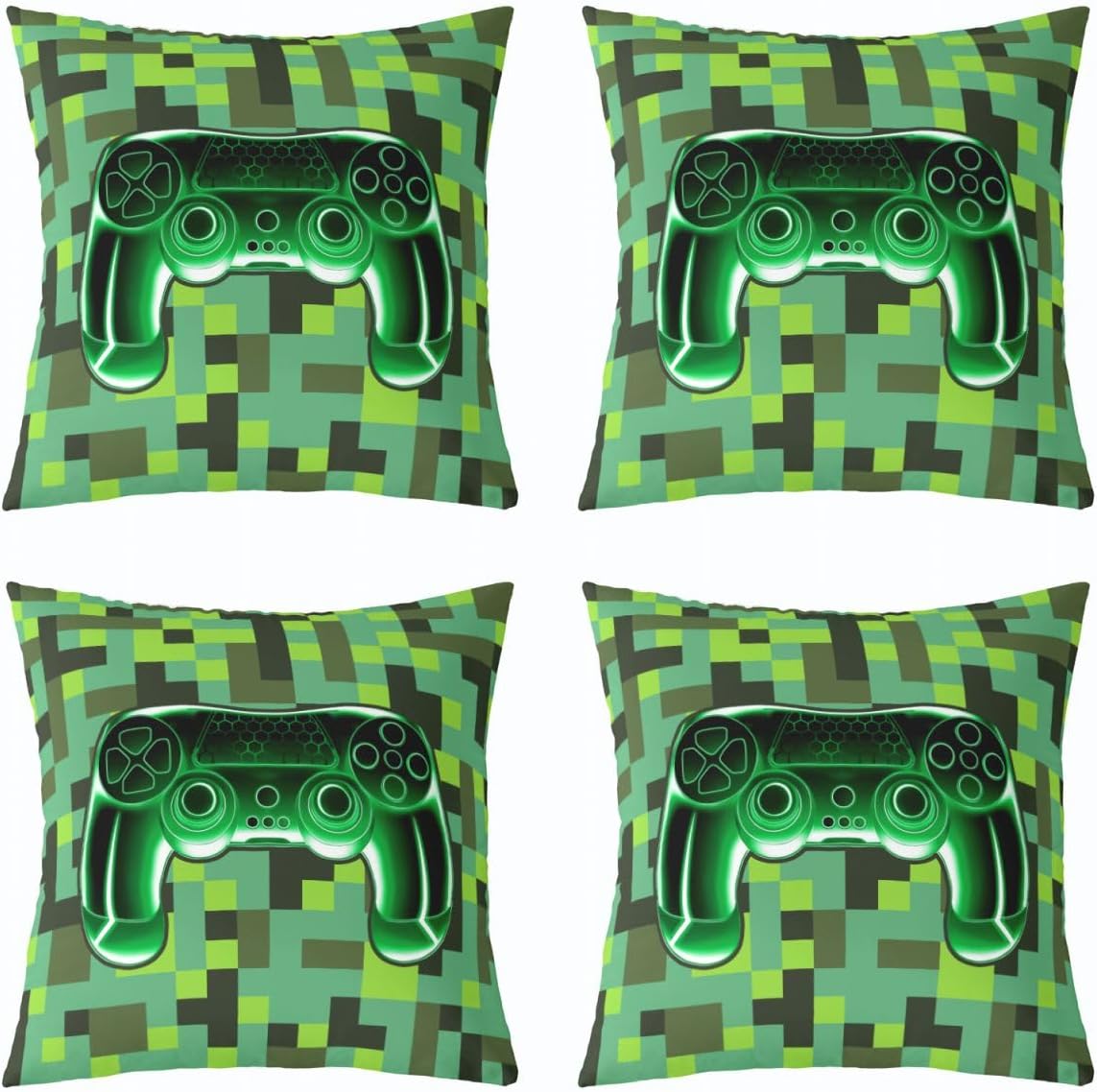 Manfei Gaming Kids Throw Pillow Cover,Gamepad Video Games Miners Check Double Sides Pillow Case,Neon Lights Pixelated Blocks Home Decor,Cyan Green Bed Couch Sofa Cushion Cover,2 Pack 22"x22" image 3