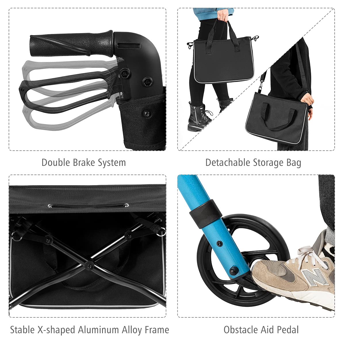 FANTASK 2 in 1 Aluminium Rollstuhl Rollator, faltbar & leicht Reiserollator mit Sitz & abnehmbarem Aufbewahrungsbeutel, Laufhilfe höhenverstellbar für Senioren und Erwachsene (Blau)