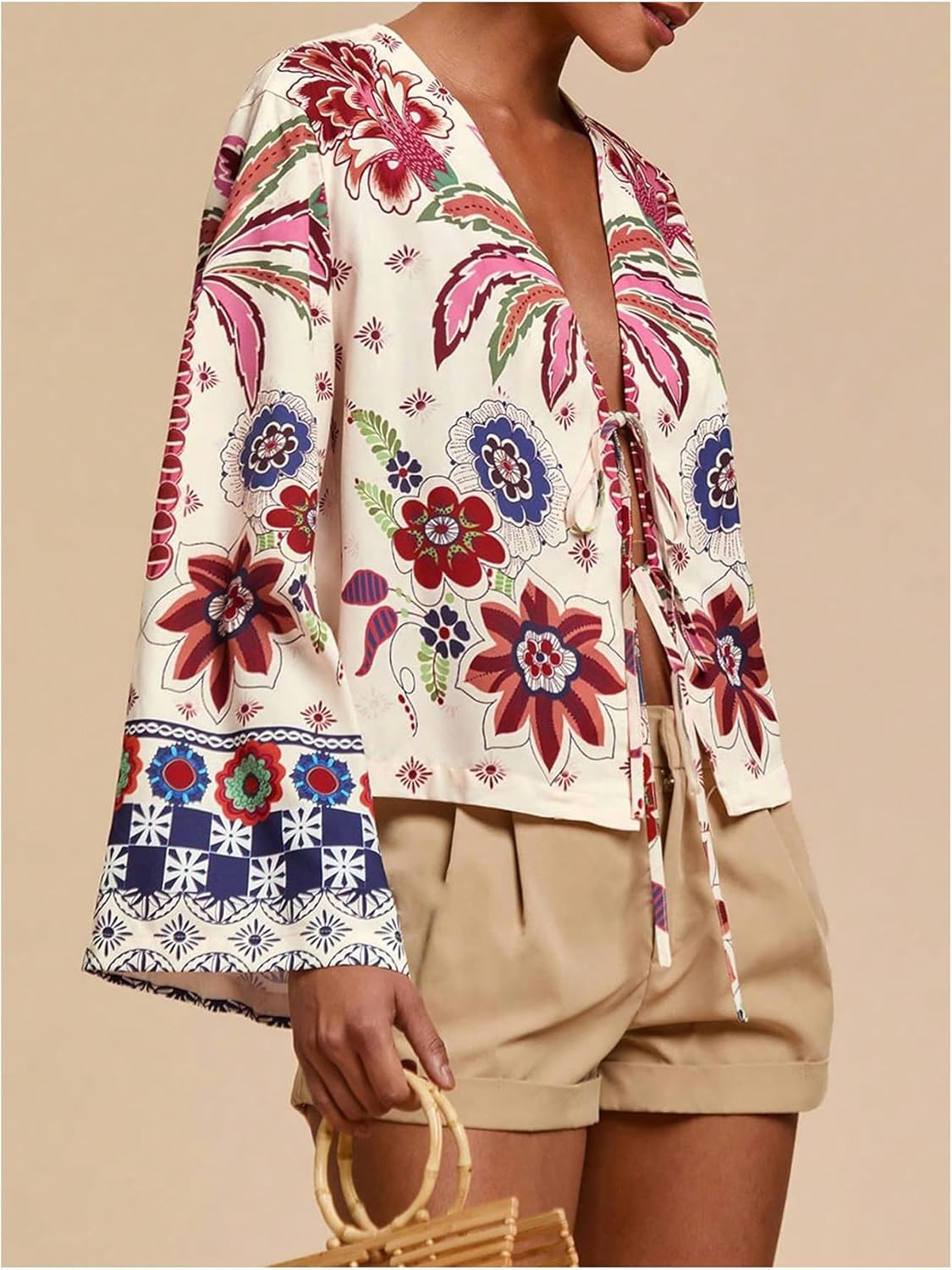 GORGLITTER Women's Floral Boho Bow Blouse Long Bell Sleeve Tie Front V Neck 90s Shirts Tops - Image 3