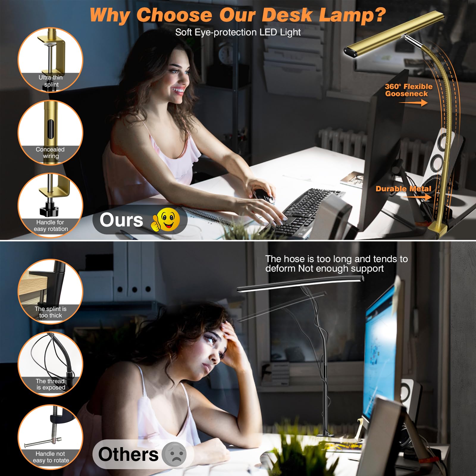 Airlonv LED Desk Lamp with Clamp, 17" Stepless Dimming Light, Gold view 4