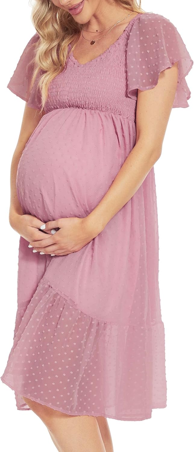 Swiss Dot Maternity Dress/Flutter Sleeve Smocked Maternity Midi Dress for Photoshoot Baby Shower Wedding Guest