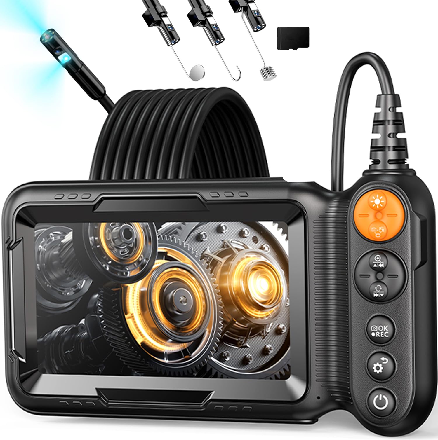 Endoskopkamera mit Licht 10m, Dual Lens Endoskop Digital Rohrkamera 5 Zoll IPS Bildschirm, 1080P HD Inspektionskamera mit 8+1 LED und 32 GB Karte,8mm IP67 Wasserdichte Kanalkamera KFZ Abfluss Werkzeug