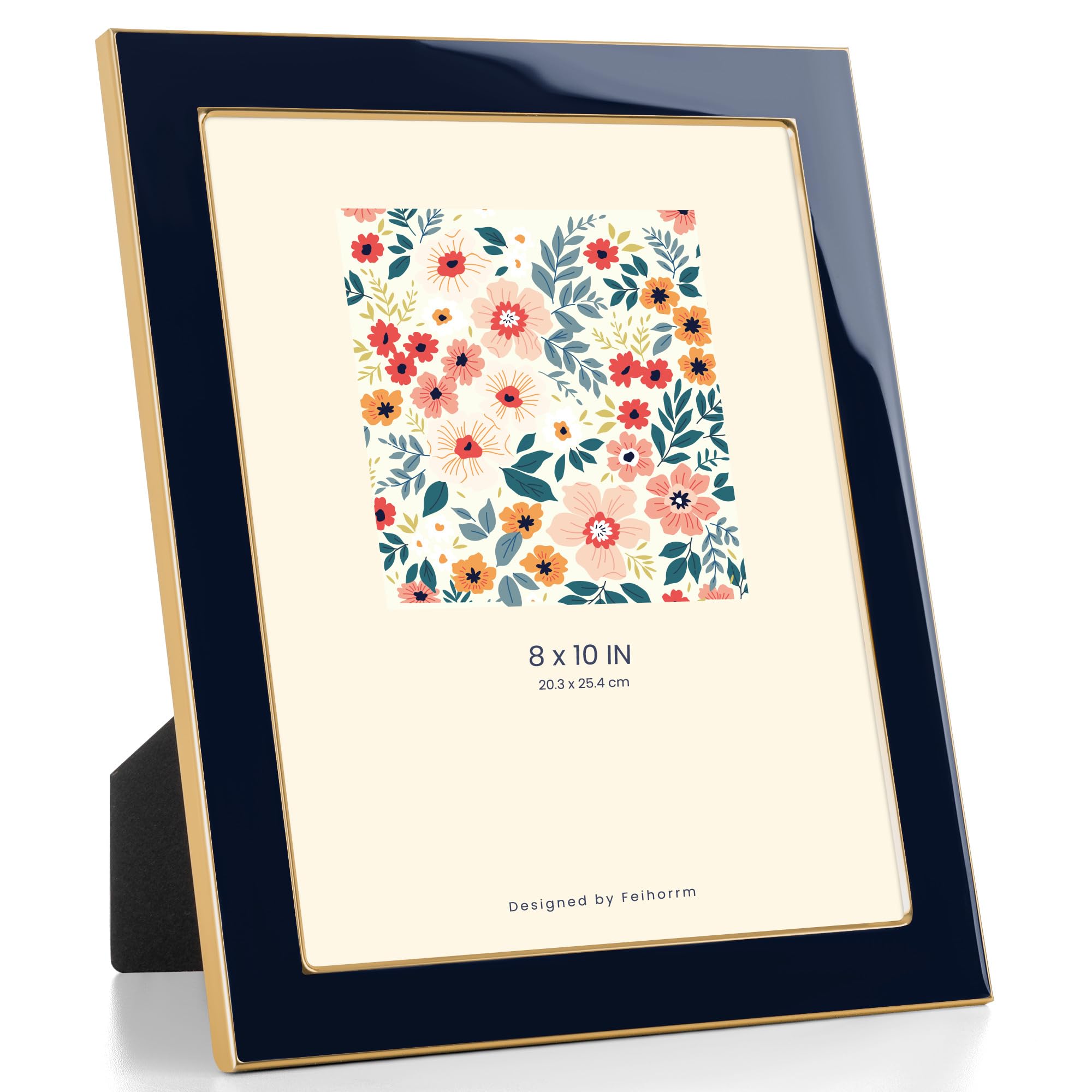 Feihorrm 8x10 Photo Frame, Navy Blue Enamel Frame with Gold Metal Edge, HD Tempered Glass Picture Frame, Vertical & Horizontal Display, Tabletop & Wall Mount Decor