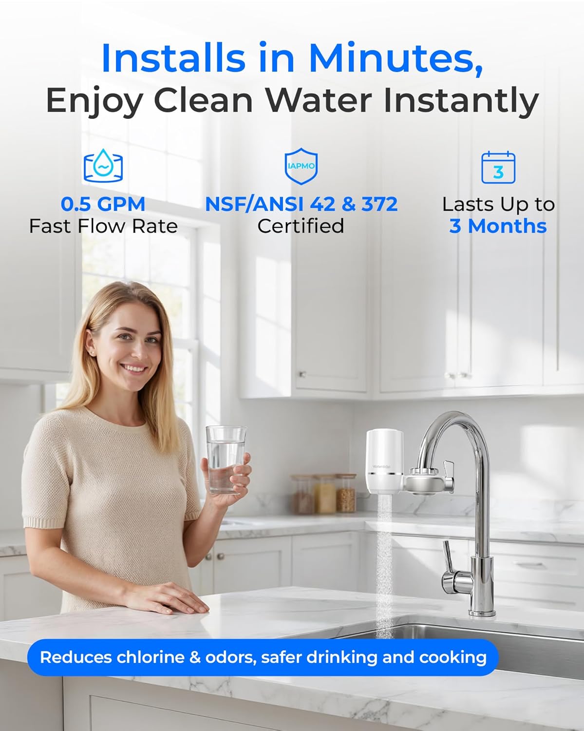 Waterdrop Water Filter for Sink Faucet, NSF Certified Water Purifier, 320 Gallon Tap Water Filter for Kitchen Sink, Reduces Chlorine, Lead-Free Material, Faucet Mount Water Filtration System, 1 Filter