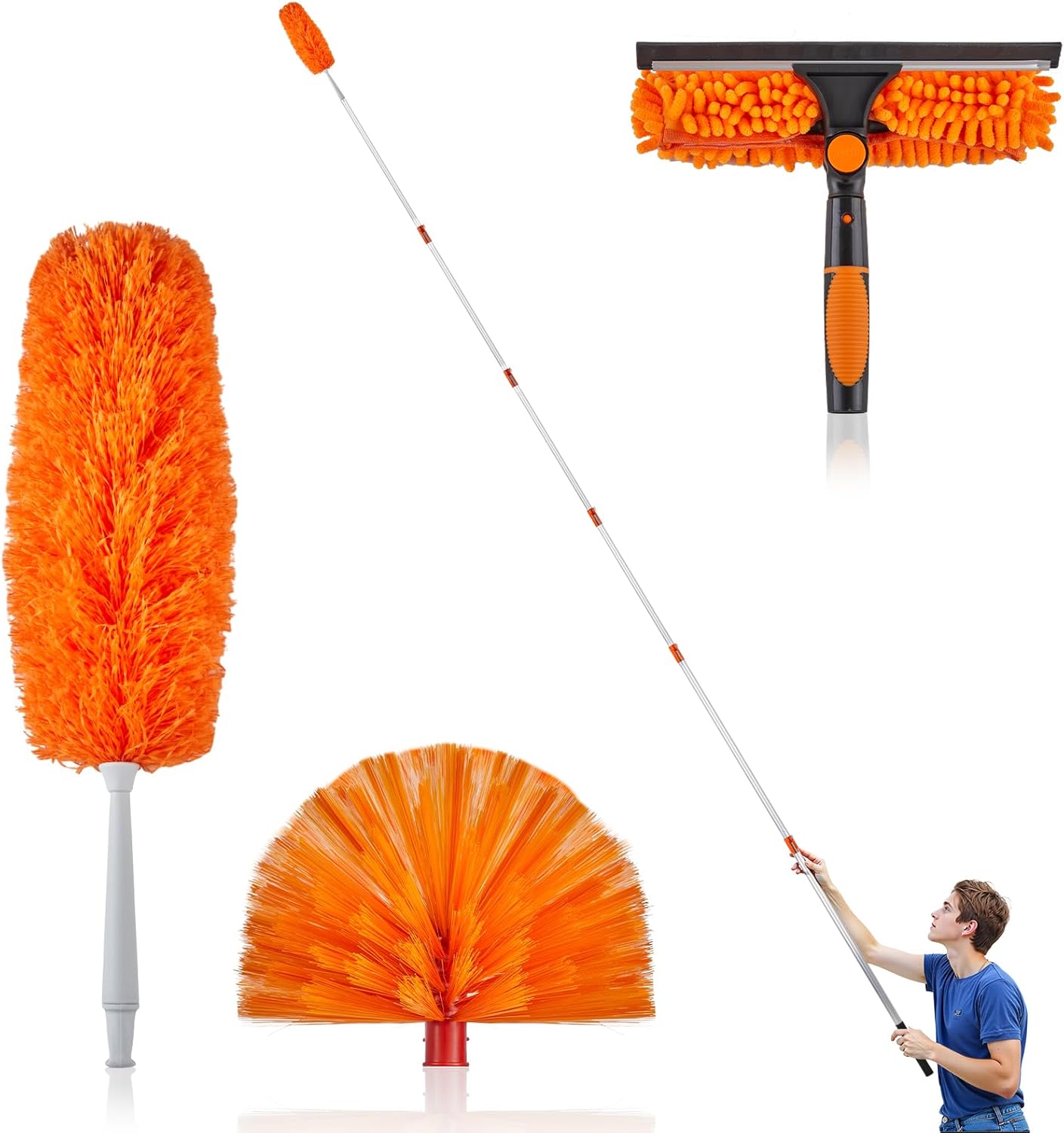 4-30FT High Reach Duster Kit with Aluminum Extension Pole, Window Cleaning Squeegee ＆ Cleaner Kit, Cobweb Feather and Ceiling Fan Duster for High Ceiling