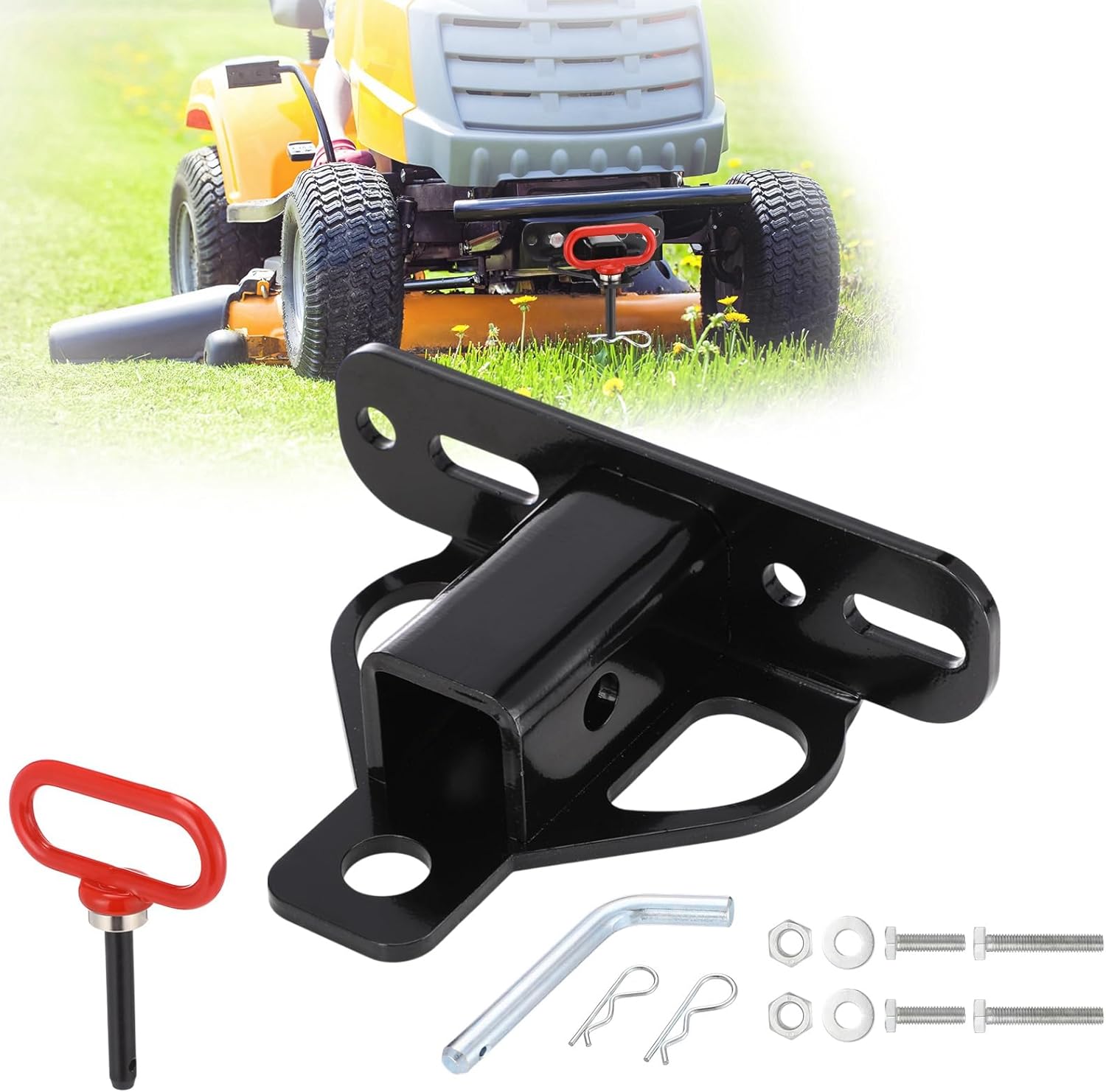 Zonon Zero Turn Lawn Mower Hitch Featuring a 1-1/4" Bolt-on Receiver of 6mm Thicker Heavy-Duty Steel with Chain Slot, and Includes a 1/2 Inch Magnetic Trailer Pin and a 5/8 Inch Hitch Pin with Clips - Image 1 of 7