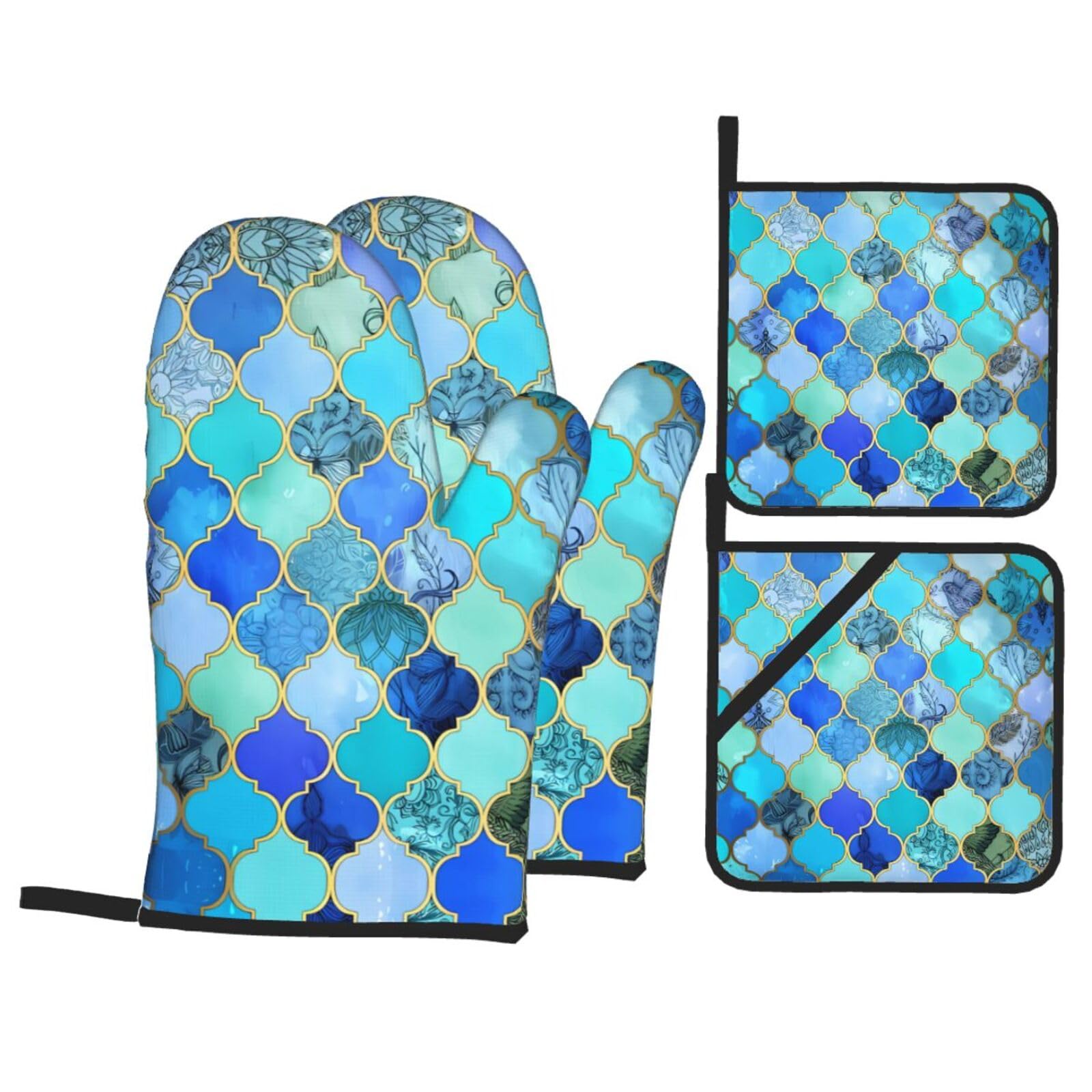 WHJSSF Lattice Prints Kitchen Baking Set - 4-Piece Heat Protection Layers with Waterproof Potholders for Oven, Grill & Serving