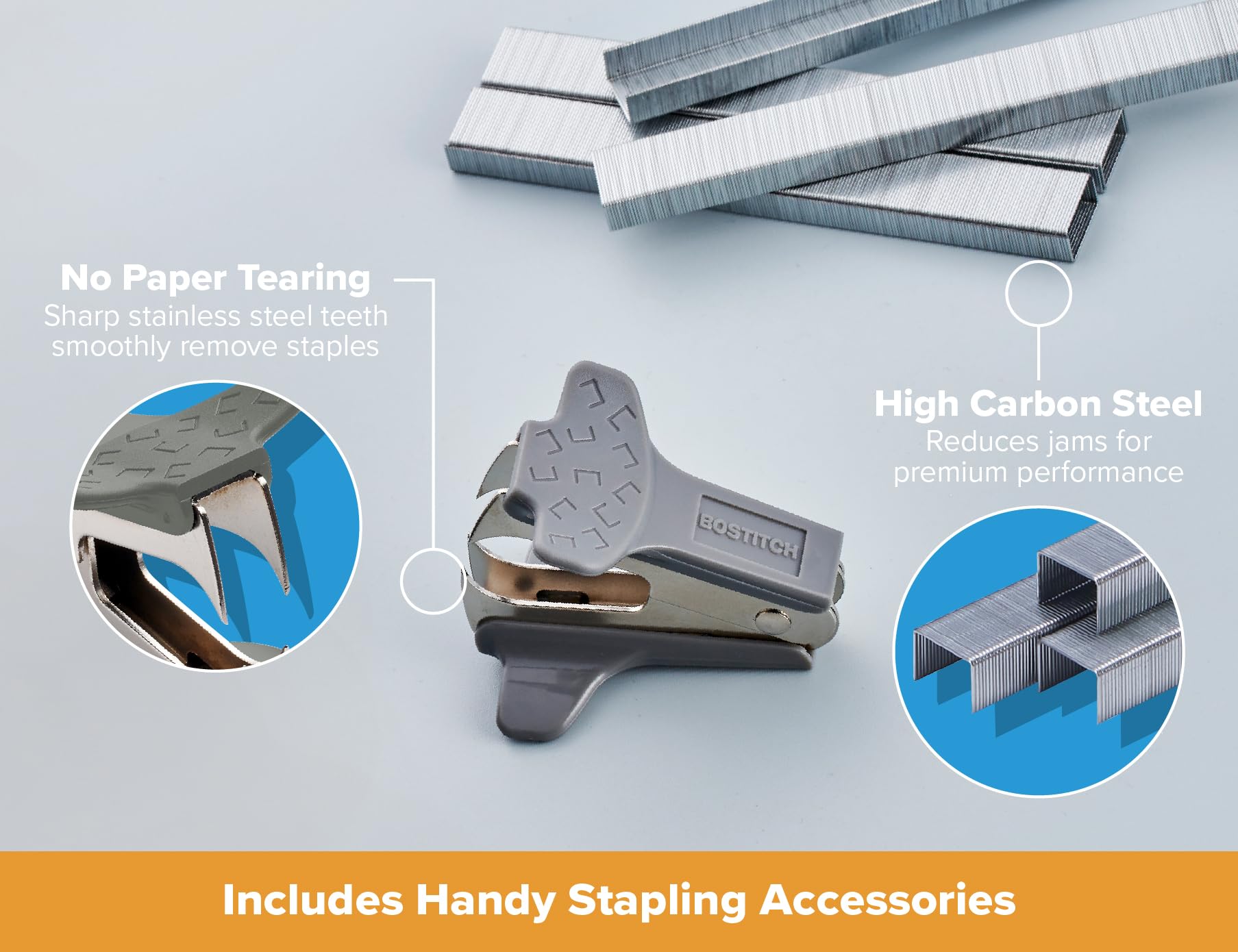 Bostitch Office - Grapadora resistente de 40 hojas con 1250 grapas y removedor de garras, tamaño pequeño, cabe en la palma de tu mano, paquete económico, gris (B175-GRAY-VP)