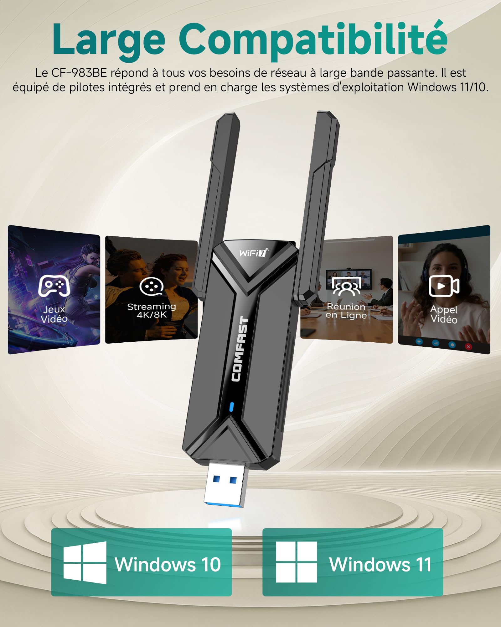 COMFAST BE6500 Clé WiFi 7 Tri-Bande 6GHz/5GHz/2.4GHz Adaptateur USB WiFi Longue Portée USB 3.0 Dongle WiFi Compatible Windows 11/10 MLO WPA3