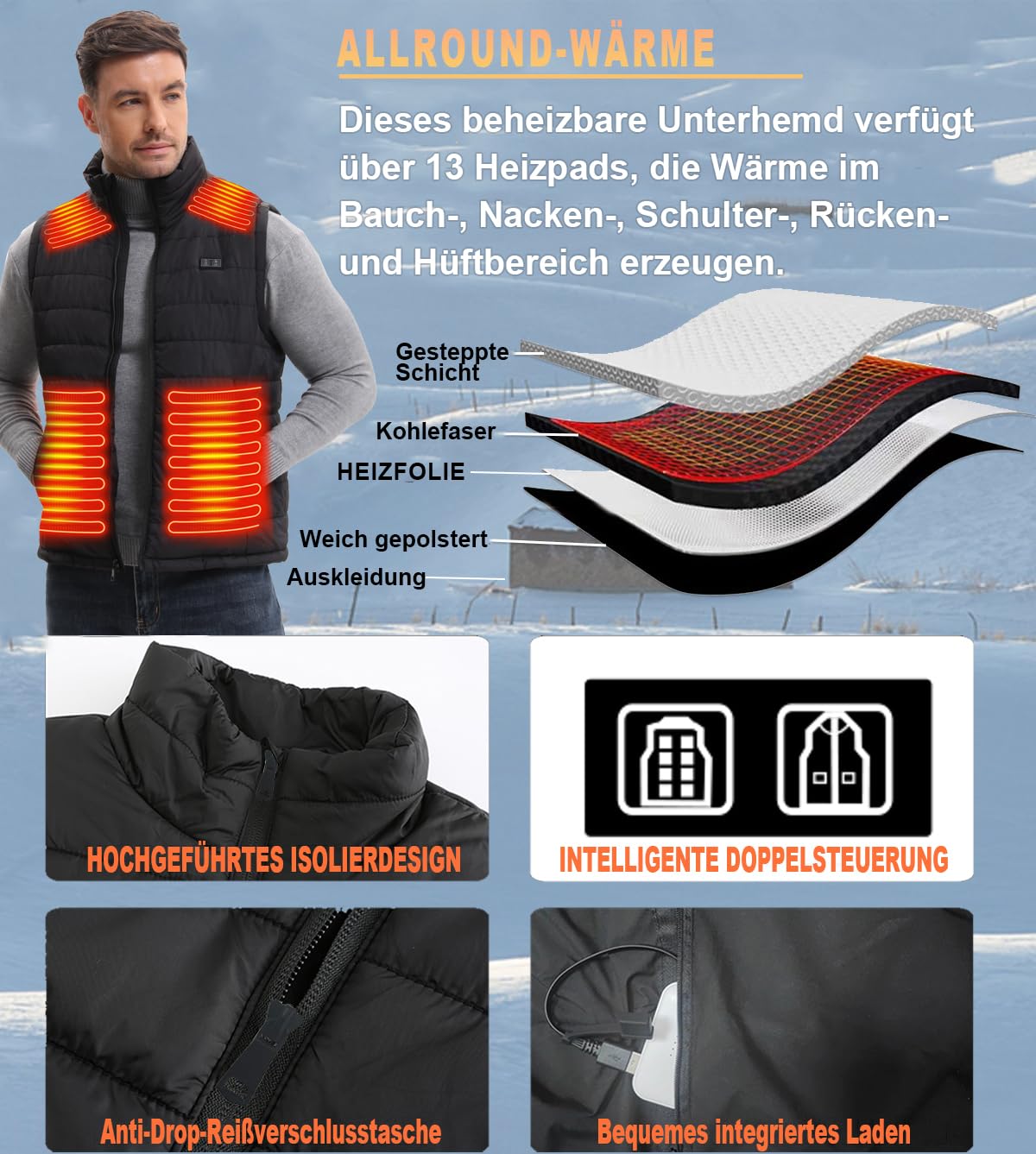 Gilet riscaldabile, gilet riscaldabile uomo con batteria, gilet termico con 13 zone di riscaldamento, 3 temperature regolabili, gilet termico invernale impermeabile vestiti con batteria