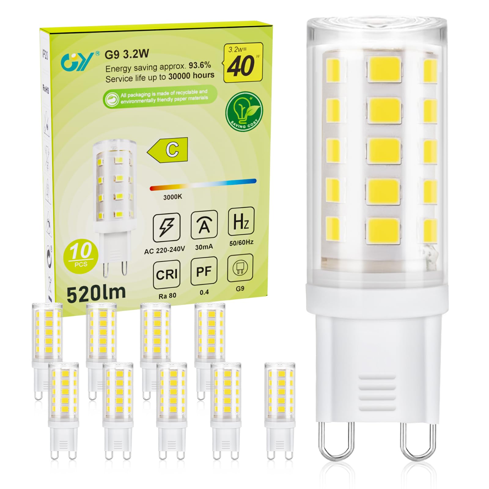 GY Bombilla G9 LED, 3.2W(Equivalente a 40W) 520 Lúmenes Blanco Cálido 3000K, Bombilla LED G9 Ángulo Haz de 360º Sin Rincones Oscuros, No Regulable(10 Unidad)