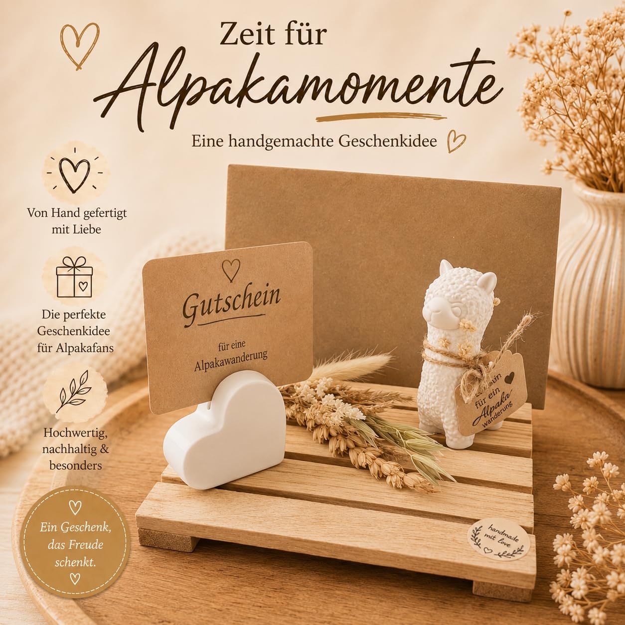 Alpaka Gutscheinhalter Geschenk für Alpakawanderung, handgemachte Geschenkverpackung mit Holztablett, Kuvert, Herzhalter und Alpaka-Figur, ohne Gutscheinwert