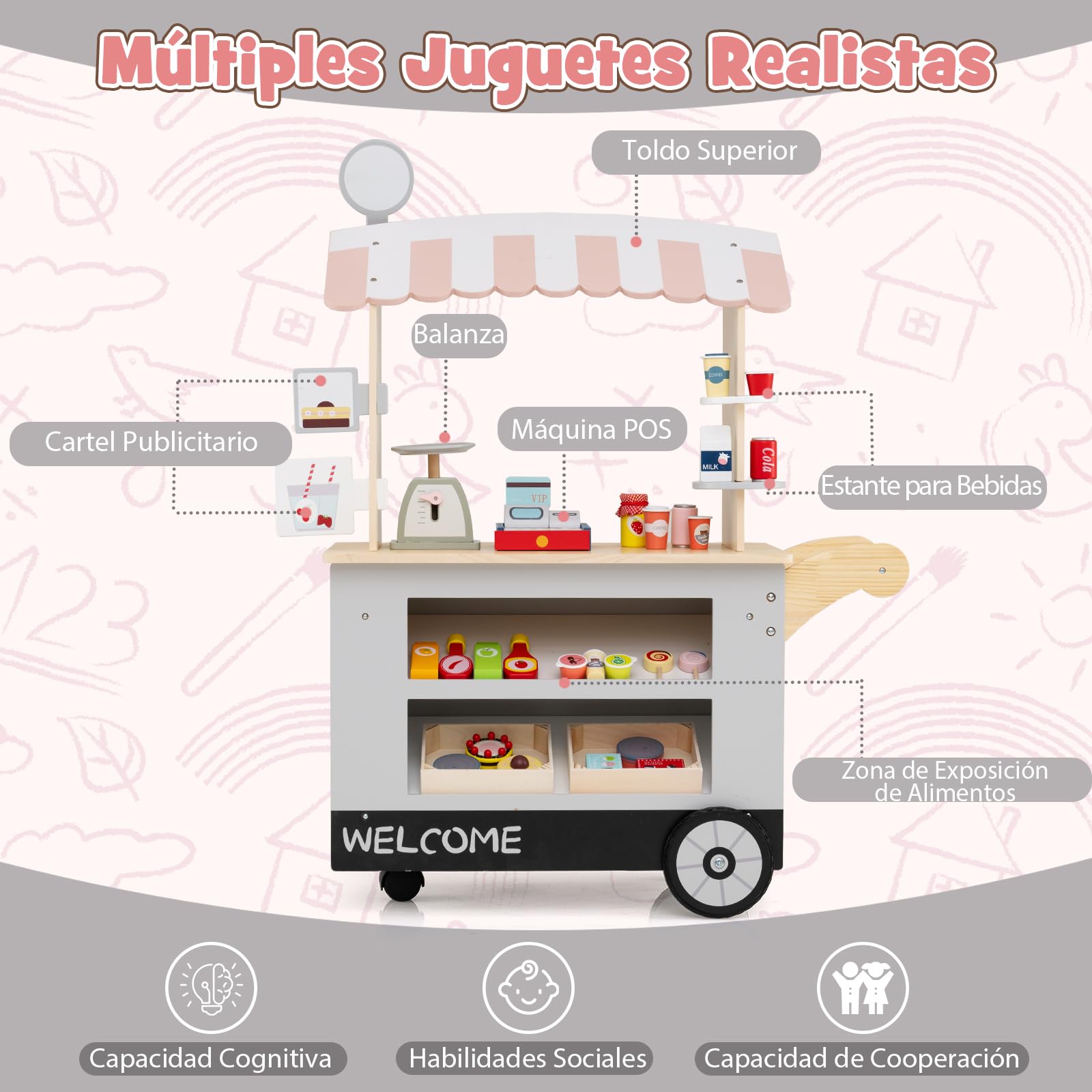 GOPLUS Carrito de Aperitivos para Niños con 30 Accesorios, Comerciante de Madera con Toldo, Carrito de Supermercado con Caja Registradora, Juego de Imitación Educativo para Niños de 3+ Años (Gris)