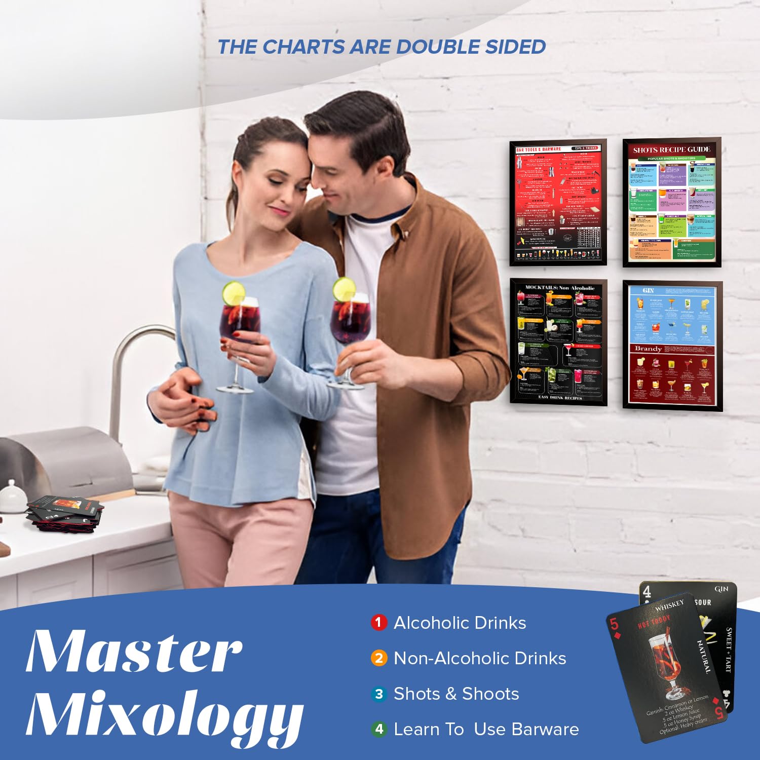 Gift Set 120+ Cocktail Drinks, Smoothie Recipes, Mocktails Non-Alcoholic Drinks & Gifts for Mixologists. 1 pk Blue + 1 pk Black Decks + Drink Guides