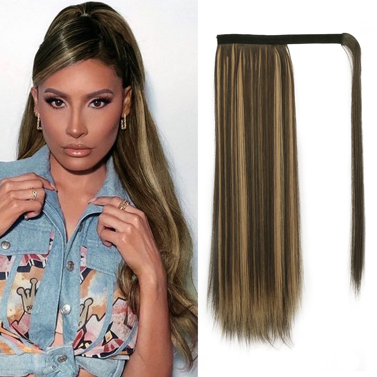 Photo 1 of BARSDAR Dark Brown Highlight Straight Ponytail Extension - 18 Inch Long Straight Wrap Around Ponytail for Black Women, Synthetic Clip in Pony Tails Hair Extensions Hairpieces Daily