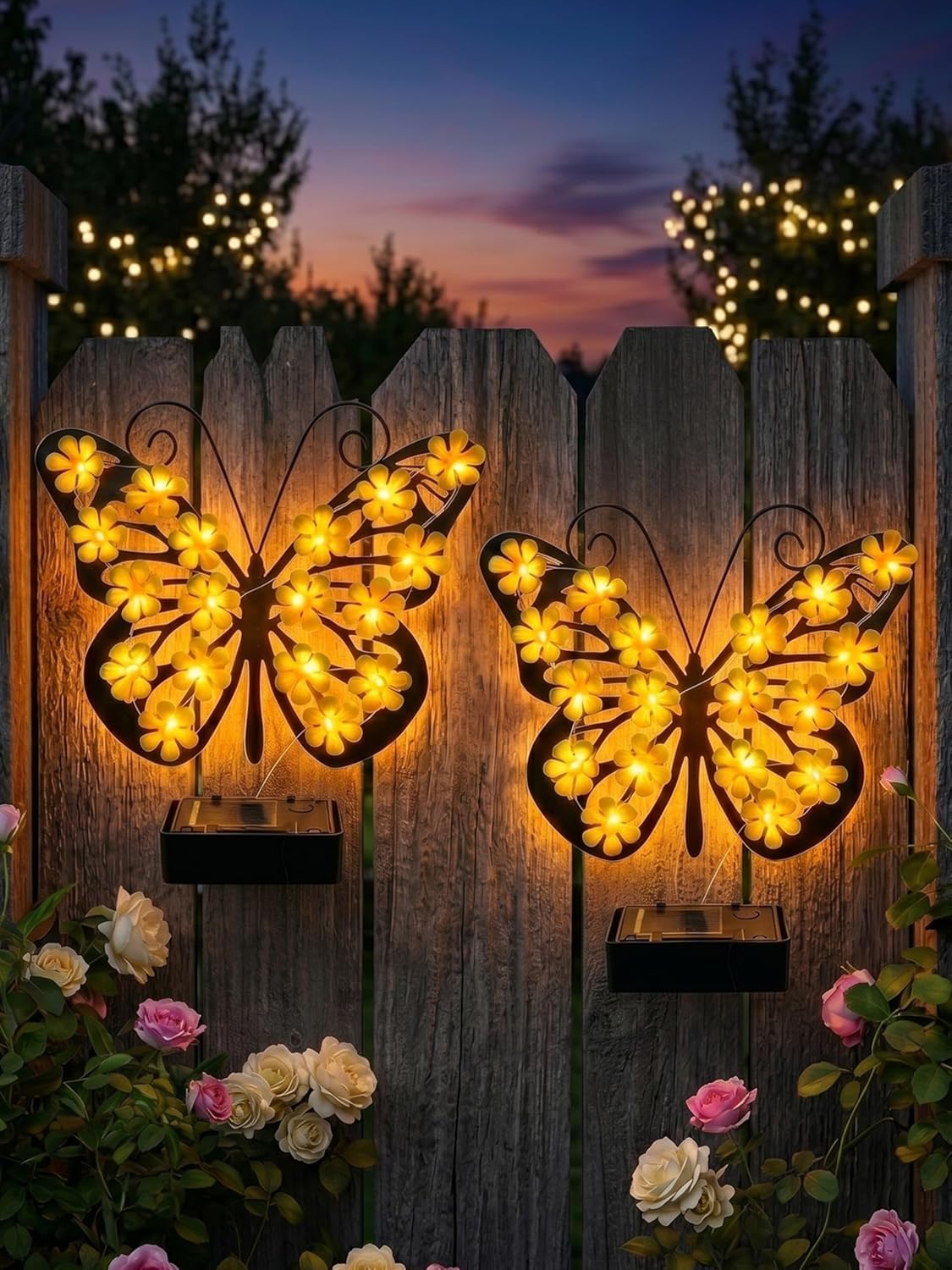 Solar Light Metal Outdoor Butterfly Wall Art Metal Durable Solar Butterfly Lights Decor Waterproof Garden Wall Decorations with Soft LED Flower Lights for Garden Fence Patio Porch Yard (Yellow*2)