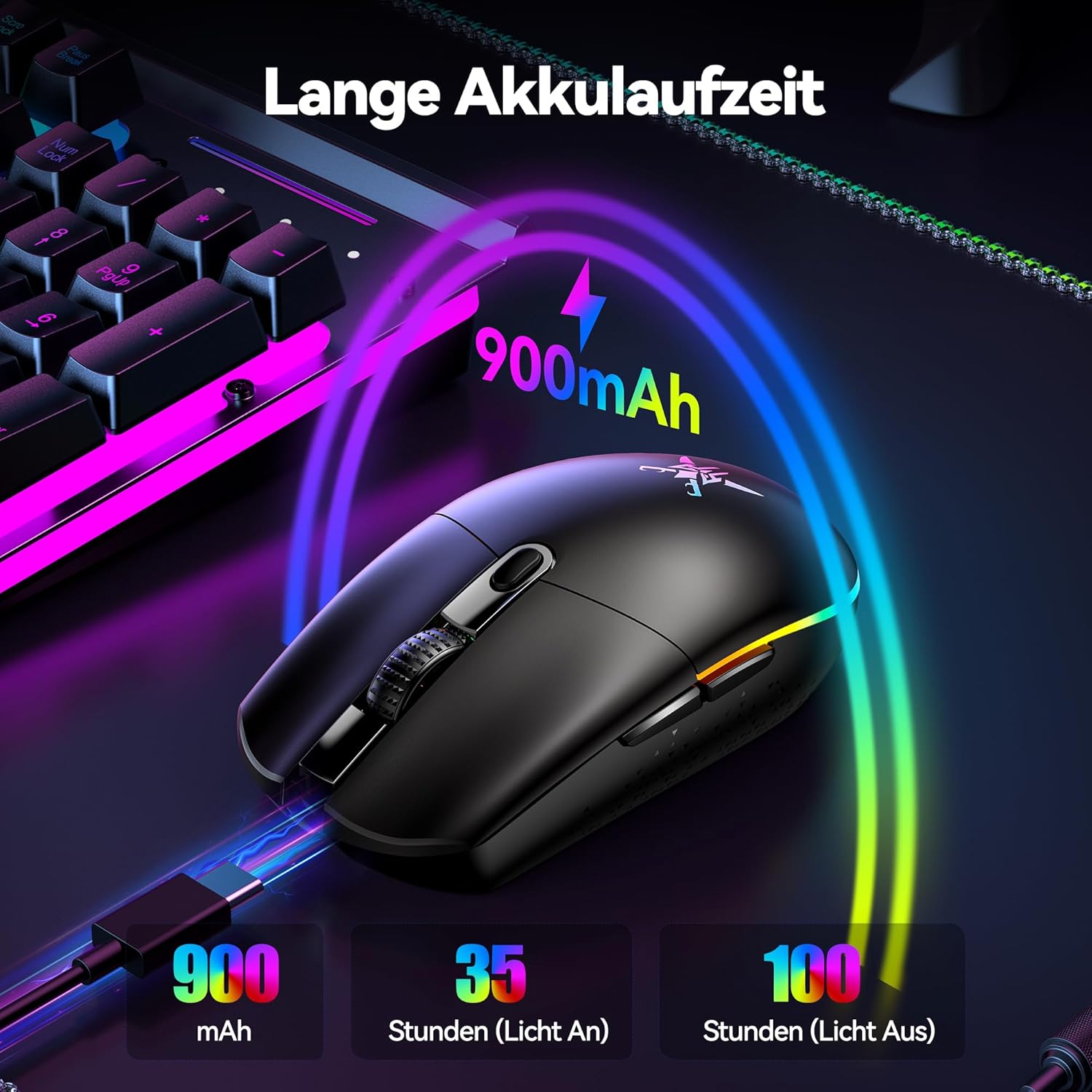 TECKNET Wireless Gaming Mouse charging with battery life indicators