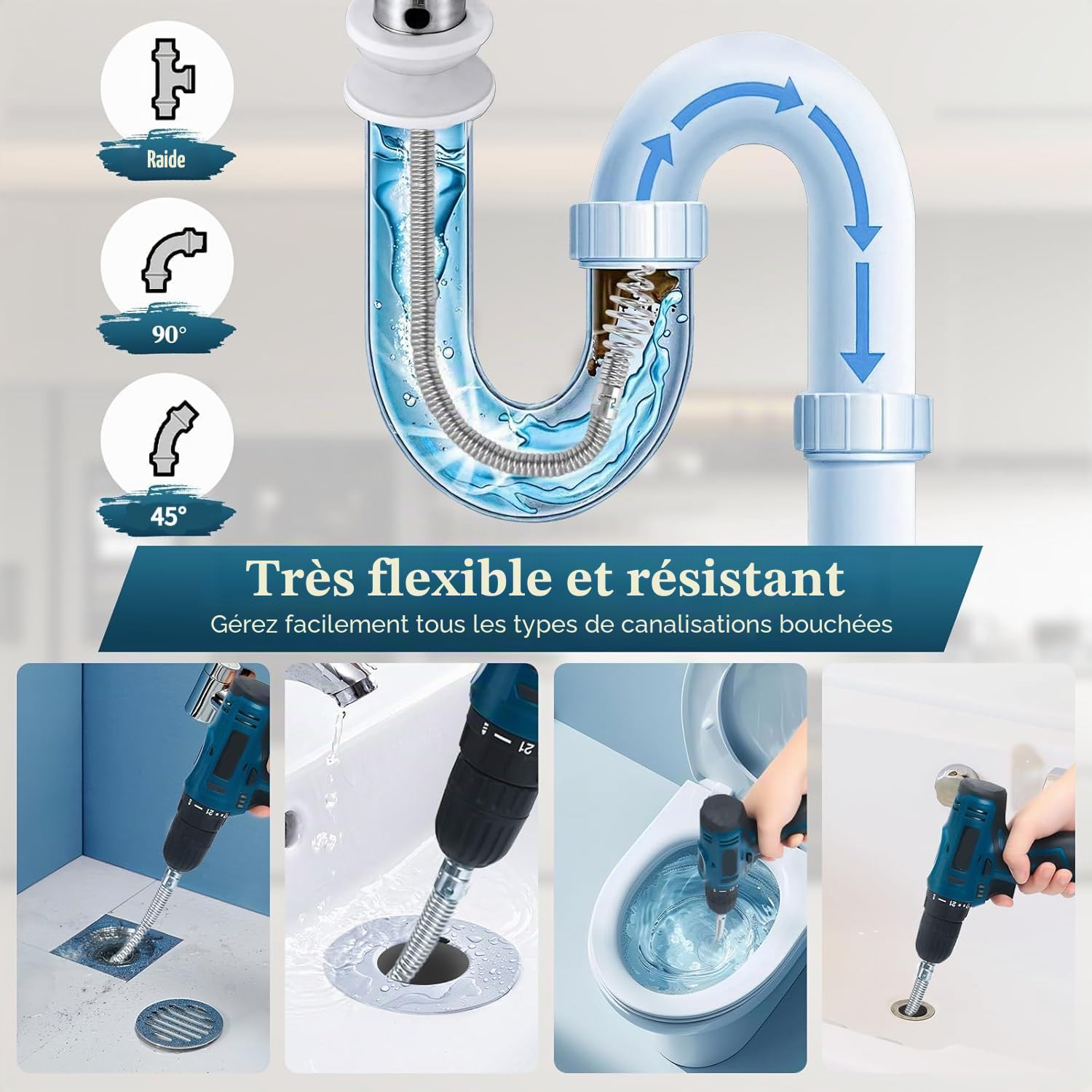 Furet Déboucheur Canalisation Kit avec 6 Têtes Industrielles | 5M Longueur, 12mm Diamètre avec Adaptateur Manuel & Électrique pour Débouchage Intensif et Nettoyage de Tuyauterie