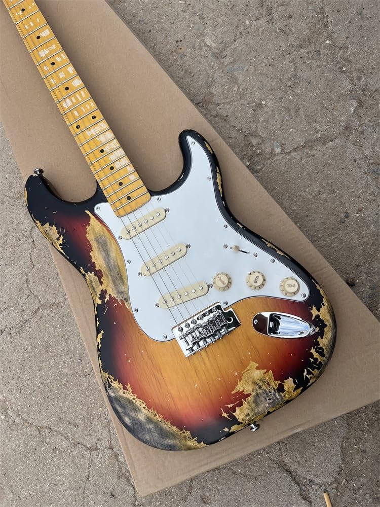 Niestandardowa gitara elektryczna z drewna basowego, gryf klonowy, postarzany sprzęt, wykończenie lakierem SunburstColor Nitro