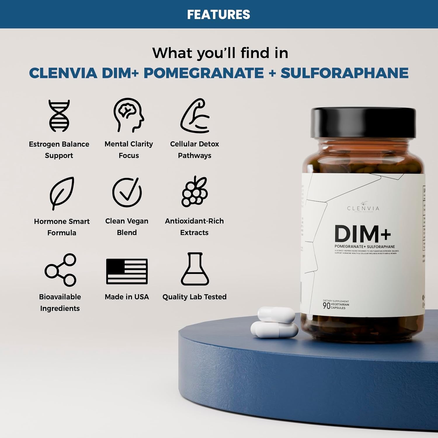 DIM Supplement with Pomegranate & Sulforaphane – Estrogen Supplement for Women and Men – Diindolylmethane with Antioxidant Ingredients – 90 Capsules, Vegan Formula with SGS & Fruit Extracts & Non-GMO