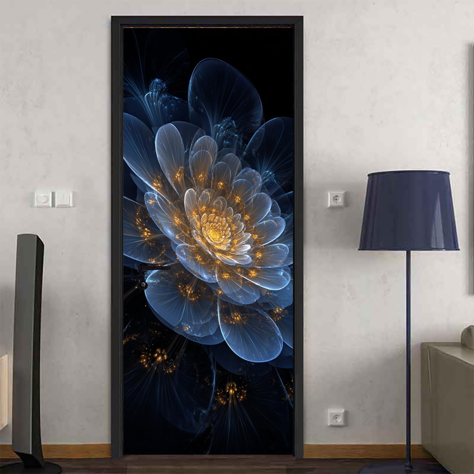 Rénover une porte abîmée avec le sticker placard fleur bleue en PVC
