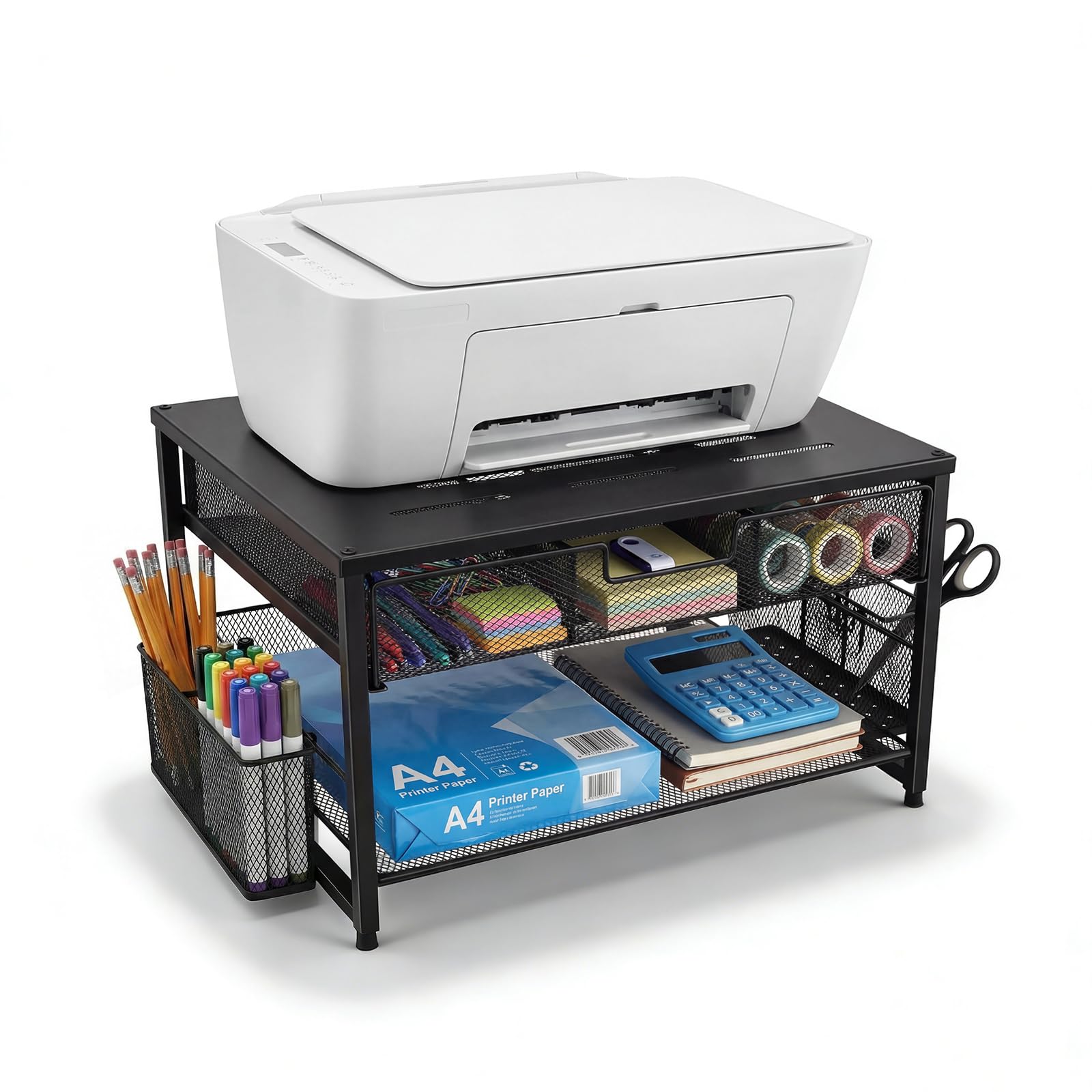 Supporto per monitor, organizer da scrivania in metallo con cassetto e 2 portapenne, rialzo ergonomico per monitor per stampante, laptop e ufficio, espositore a 2 livelli (nero)