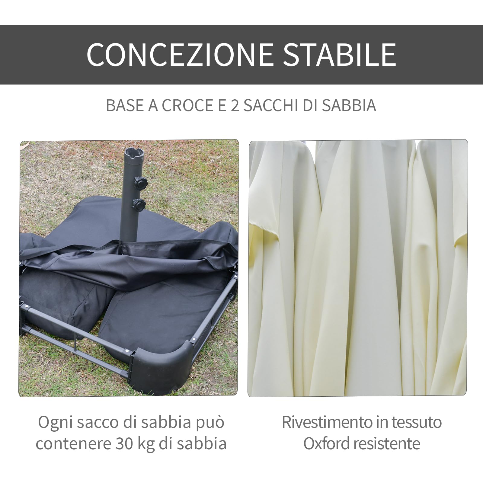 Outsunny Ombrellone da Giardino Doppio a 12 Stecche con Base a Croce e Apertura a Manovella, Ombrellone da Terrazzo con Sacchi di Sabbia, in Acciaio e Poliestere, 455x265x238 cm
