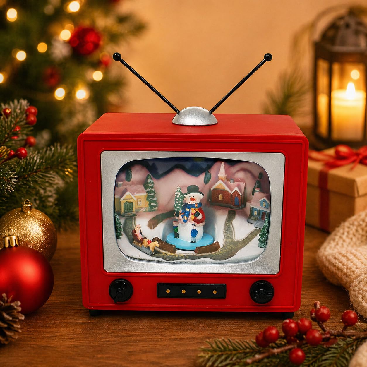 Amazon.com: MOMENTS IN TIME Red Retro TV with Snowy Village Home
