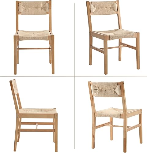 Miniatura 6 de Juego de 2 sillas de comedor de ratán de madera, con respaldo y asiento de mimbre de algas marinas, silla bohemia de caña de granja, patas naturales