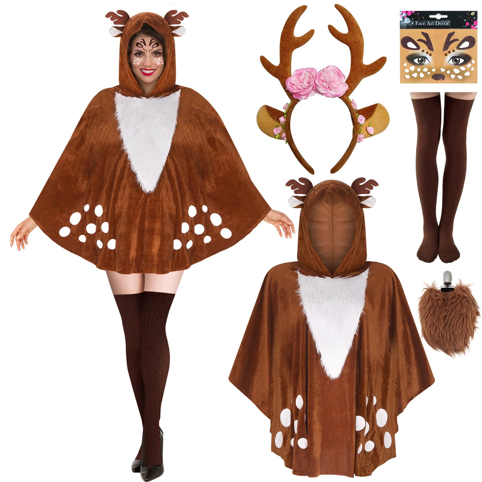 Set Costume Da Cervo Per Donna – Gonna Tutù, Cerchietto Con Corna E Tatuaggi Viso – Ideale Per Carnevale