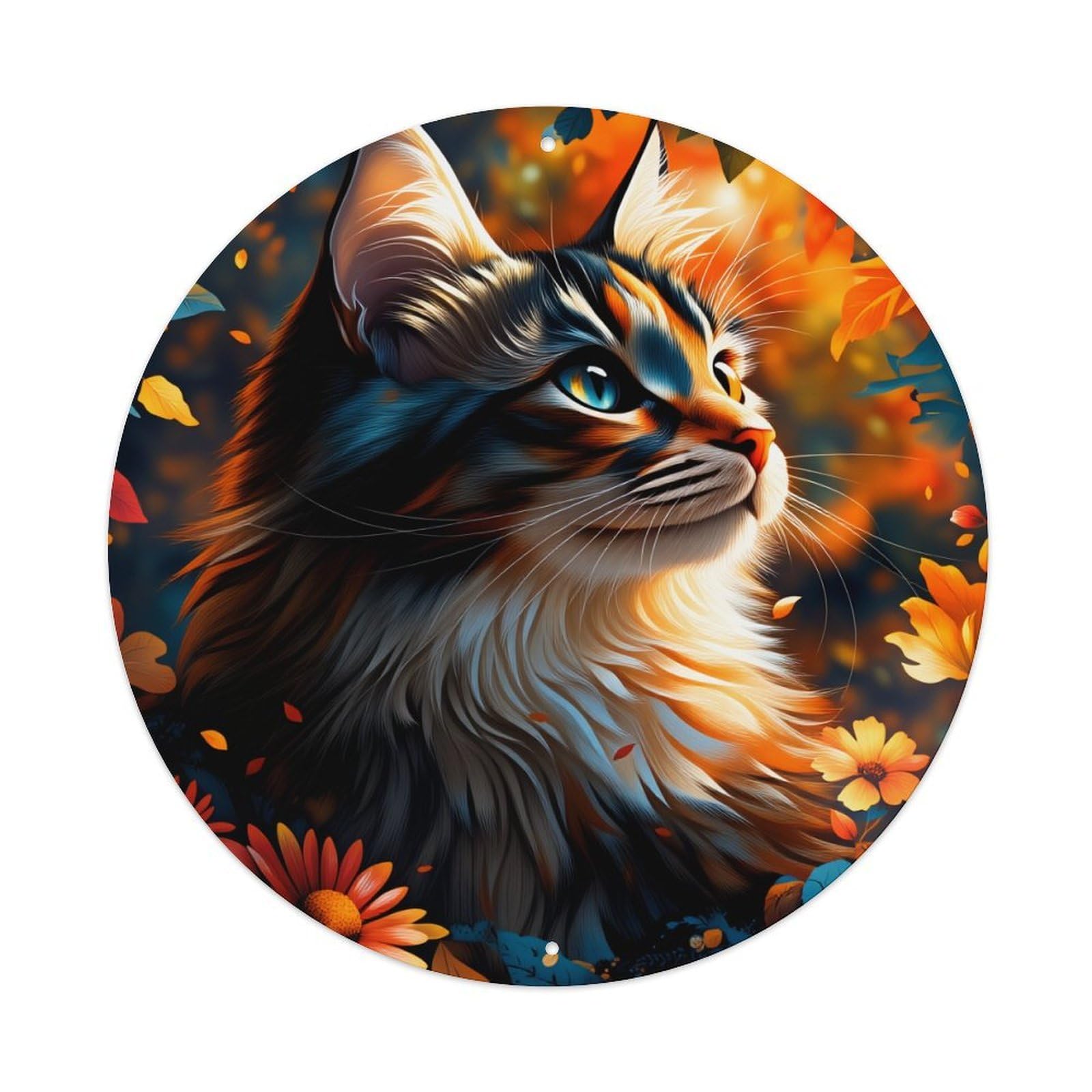 Autumn Leaves Cat Portrait Floral Background Metal Tin Sign Plaque