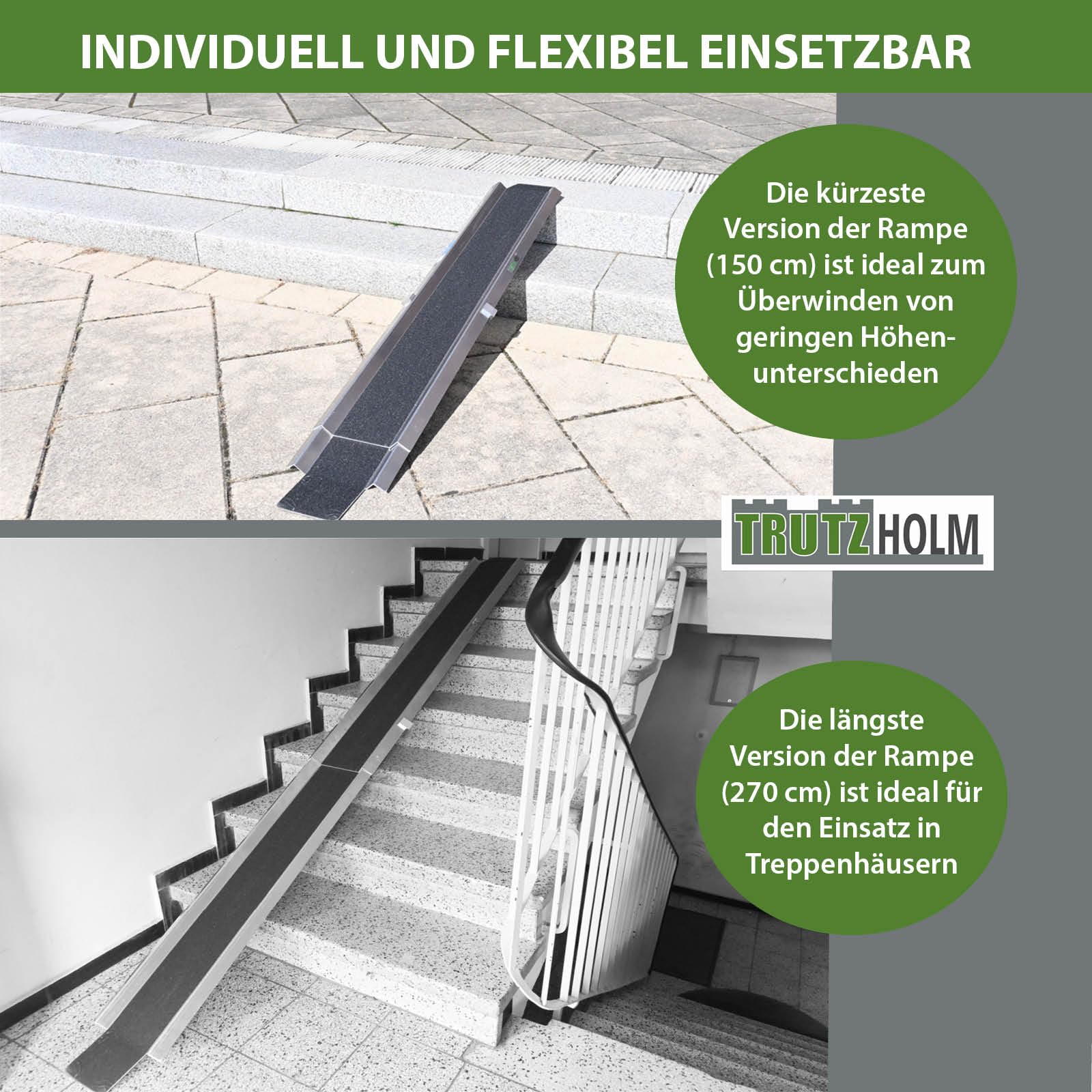 TRUTZHOLM Auffahrampe Aluminium zusammensteckbar 150-270 cm verstellbar 50 kg Treppenrampe Auffahrschiene für E-Bike Mofa Fahrrad mit Friktionsbeschichtung schwarz/grau