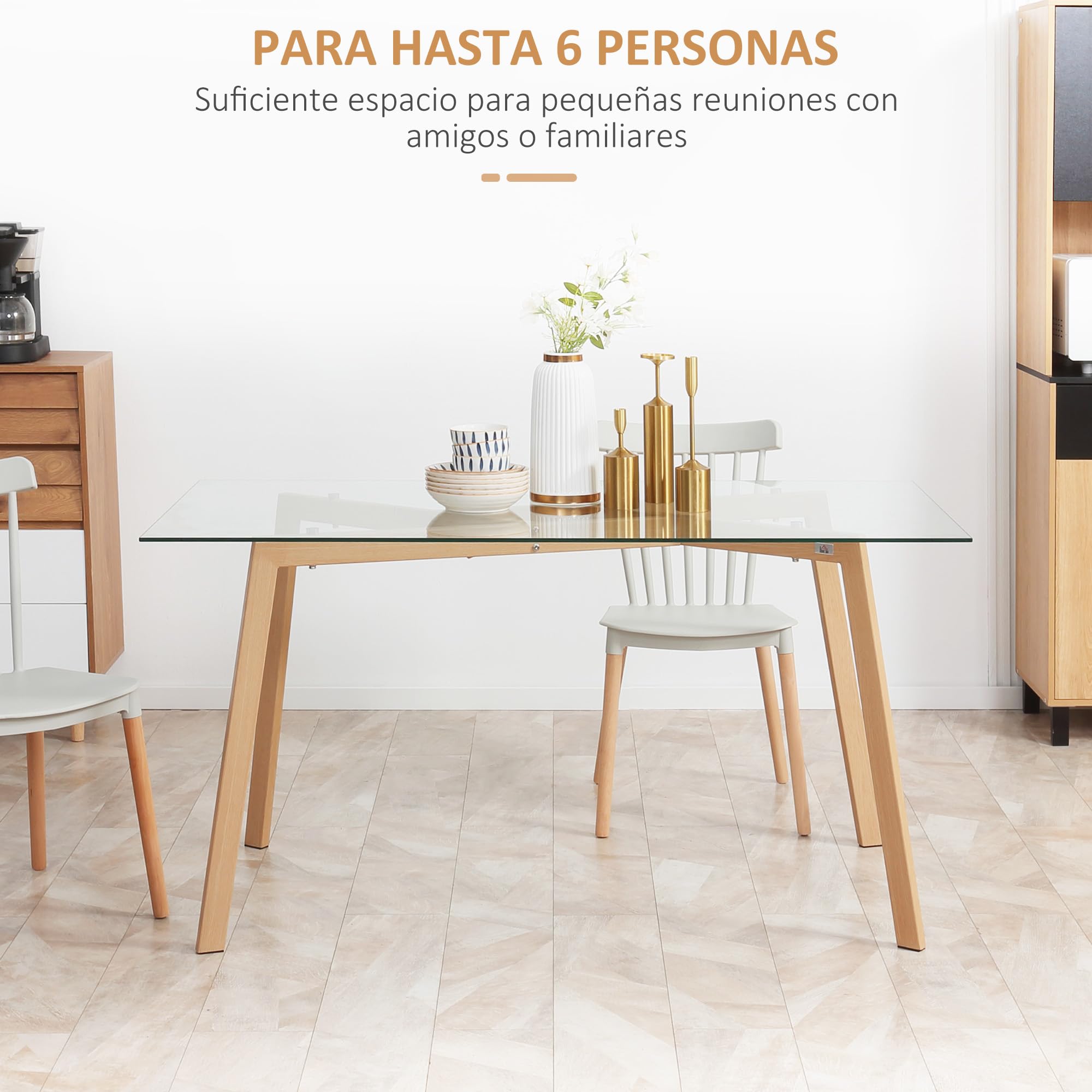 HOMCOM Mesa de Comedor Rectangular Moderna para 6 150x75x76 cm Transparente | Rectangular, Mesa de Cocina Moderna, Patas de Acero, Superficie de Vidrio Templado