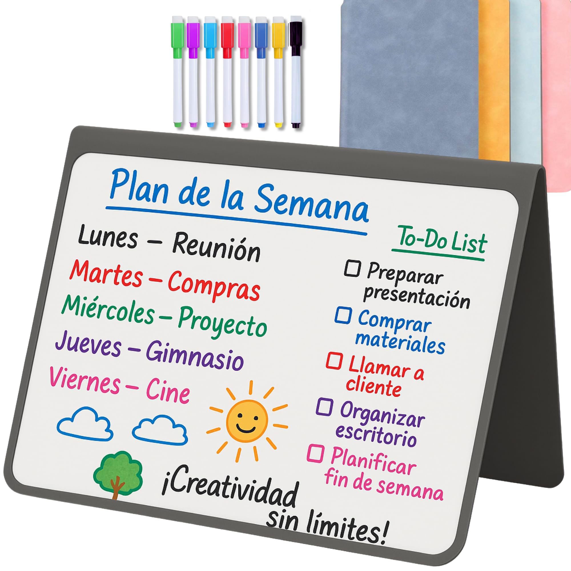 MandA® PIZARRA BLANCA pequeña | CUADERNO Pizarra PLEGABLE, BORRABLE y PORTÁTIL | Pizarra Rotulador | 2 x A5 + 11 Rotuladores + Gamuza - Libreta pizarra | Accesorios OFICINA | ESTUDIAR | Gris.