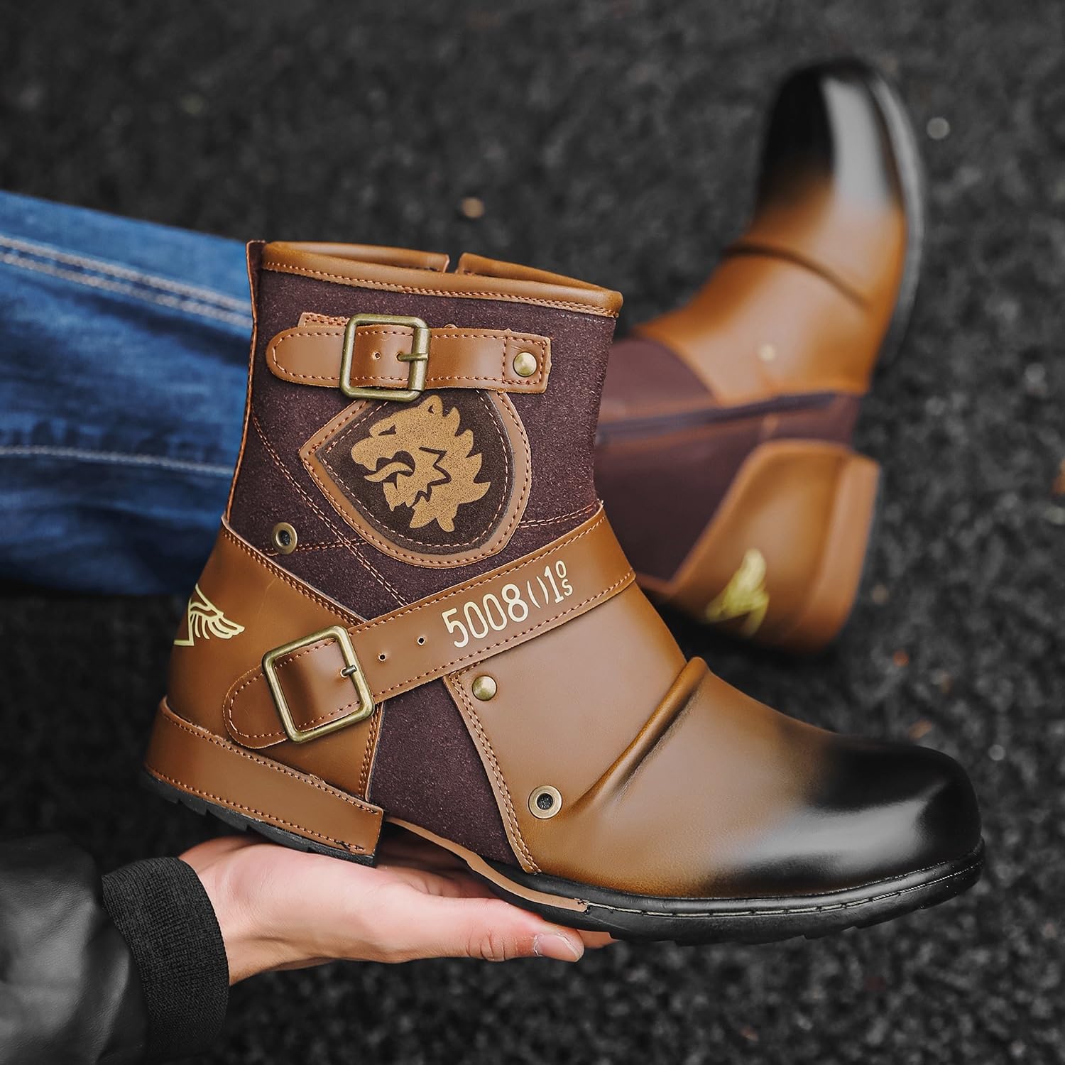 RenDiuJups Motorradstiefel Herren Knöchelhohe Lederstiefel mit Reißverschluss, wasserdichte Biker Stiefel, Stylische & Robuste Motorradschuhe in Übergrößen, rutschfest(Coffee,45 EU)