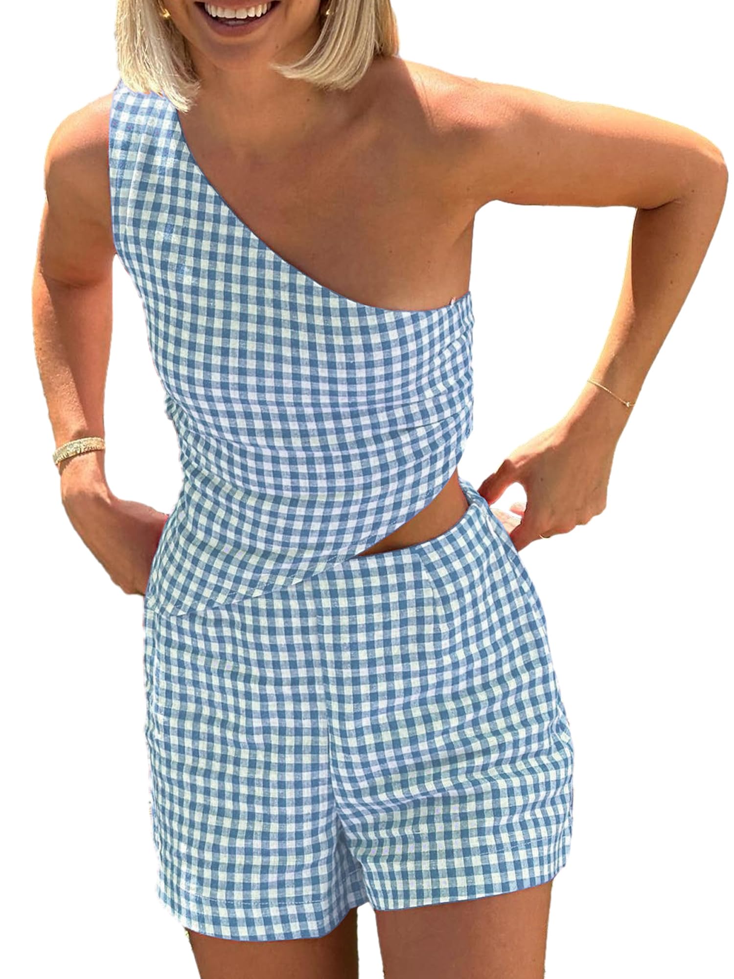 YILEEGOO Women's 2pcs Summer Outfit Gingham Co-ord Set Jumpsuit Plaid One Shoulder Tie Back Crop Tank Top Vest + Shorts Set (Blue, L)