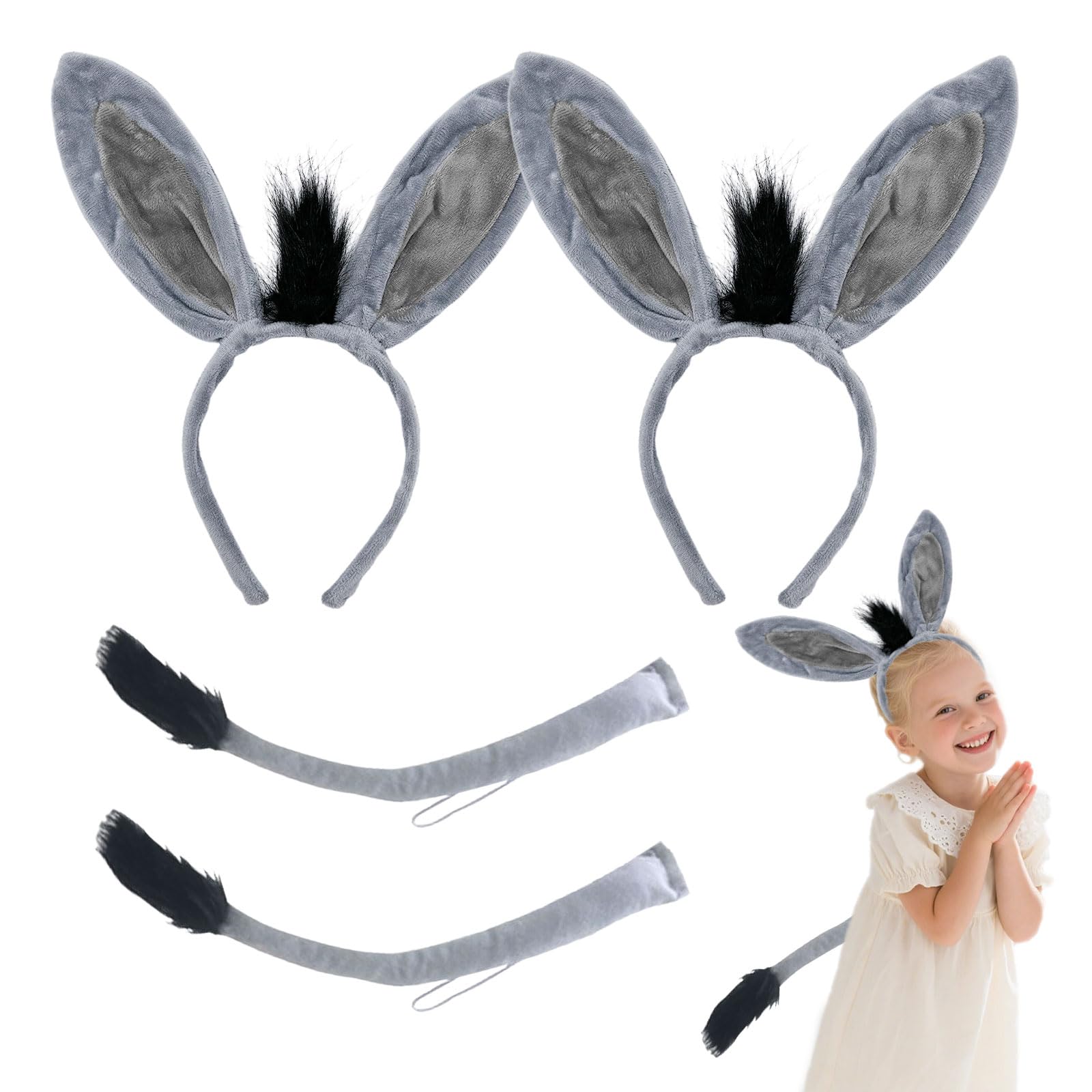 4 Pieces Donkey Animal Ears and Tail Costume Set, Animal Cosplay Headband, Donkey Costume, Ear Tail Headband for Carnival Halloween Party Theme