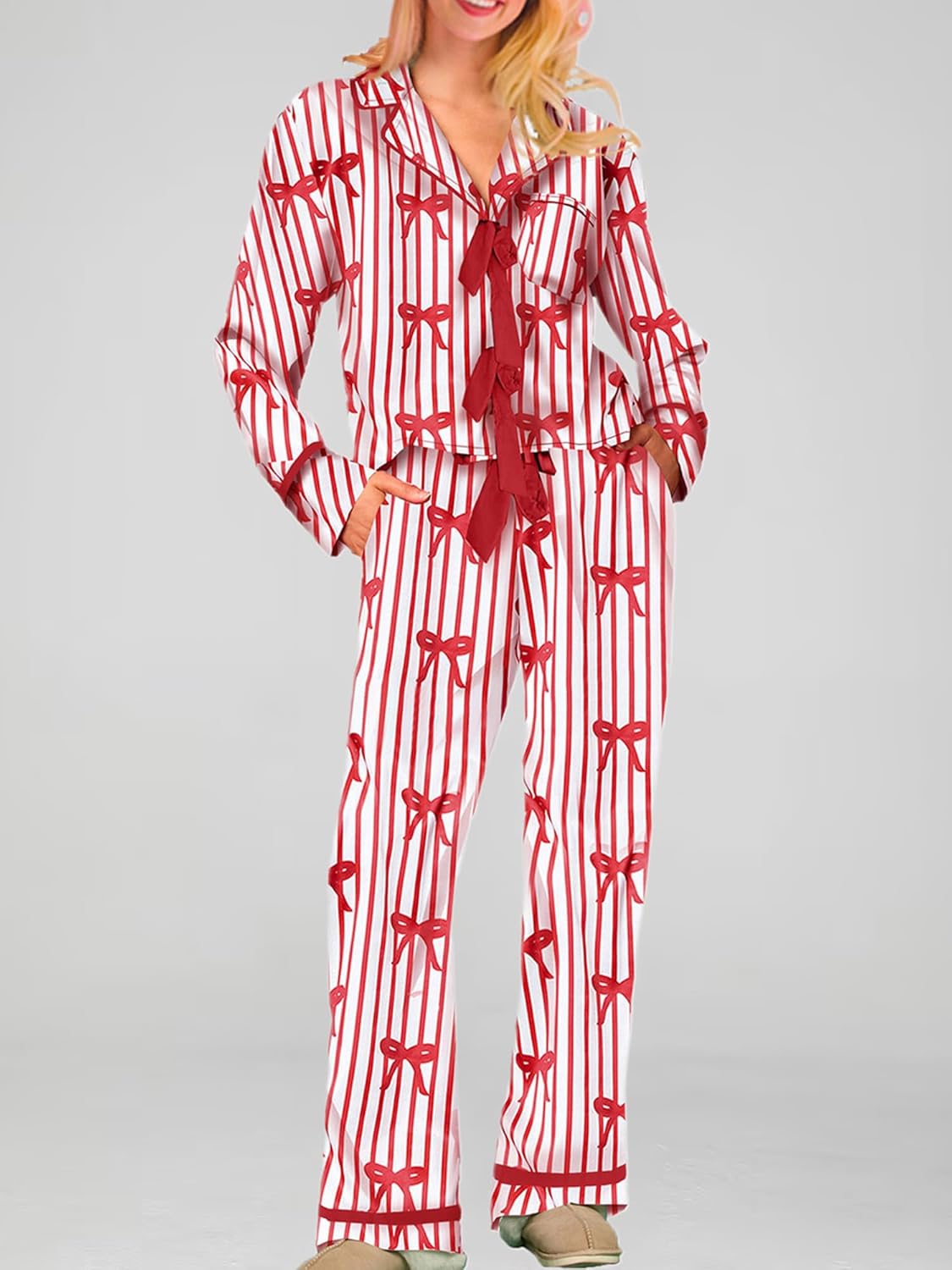 Bow Pajamas Set for Women Cute Bow Tie Long Sleeve Shirt Pants Satin Silk Heart 2 Piece Pjs Set Sleepwear - Image 2