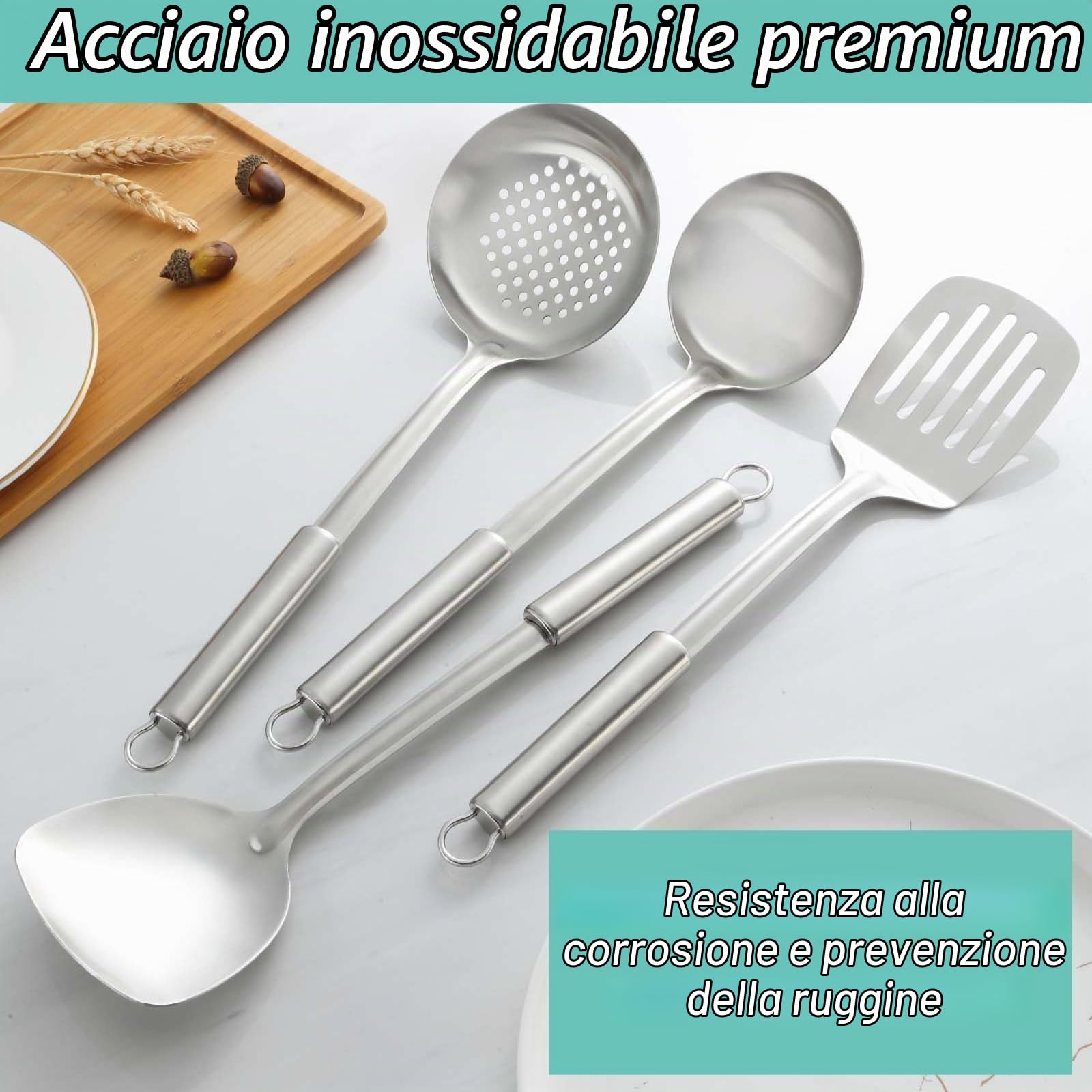 Pleafind utensili da cucina, set di utensili da cucina in 4 pezzi, set cucina in 304 acciaio inox con mestolo, schiumarola, tornitore con intaglio, paletta cucina, utensili da cucina