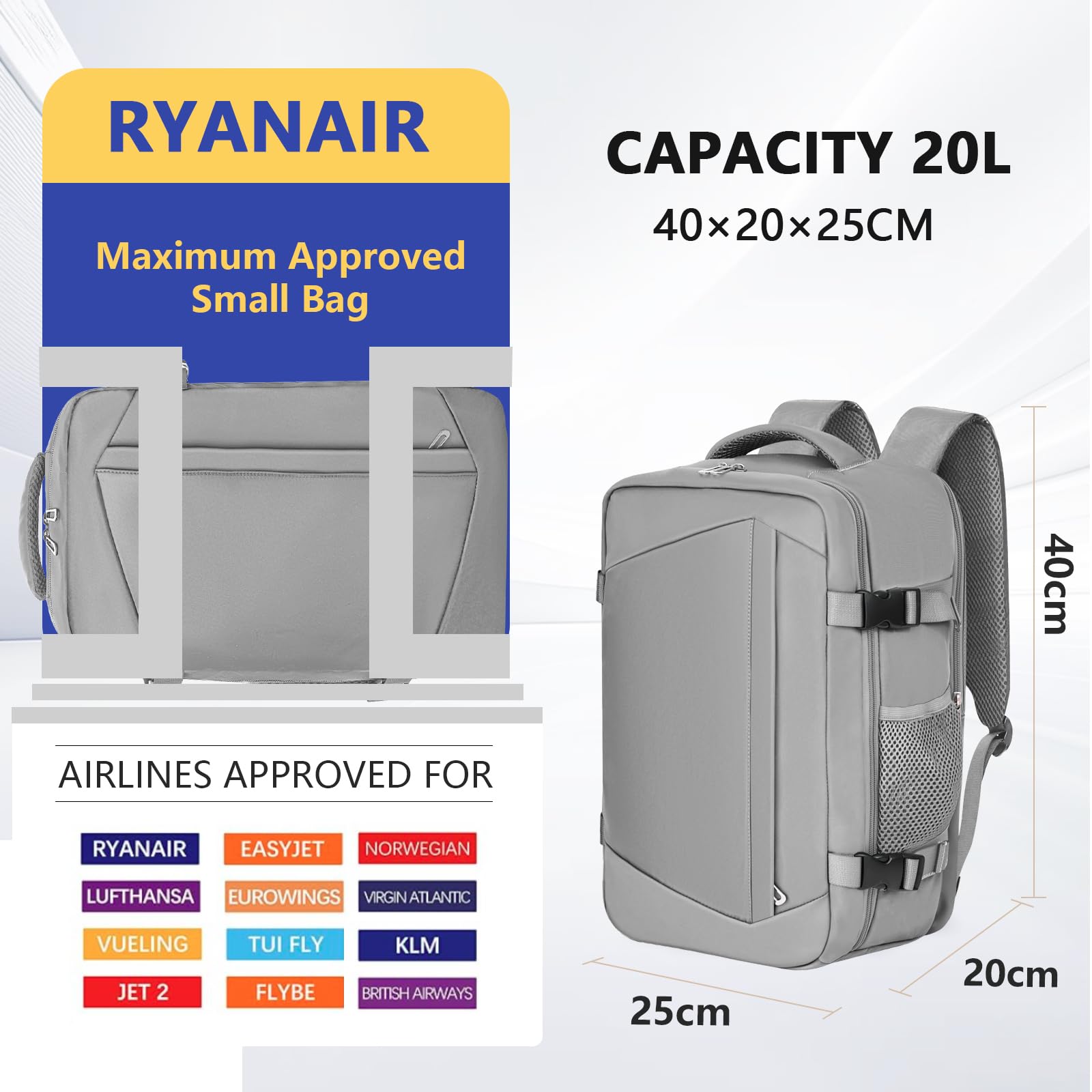 KIRFEIHT Zaino da Viaggio 40x20x25 per Ryanair Bagaglio a Mano Aereo Piccolo - Zaini Universali per Uomo e Donna, Piccola Borsa da Viaggio da Cabina, Zaini da Scuola e da Lavoro (Grigio)